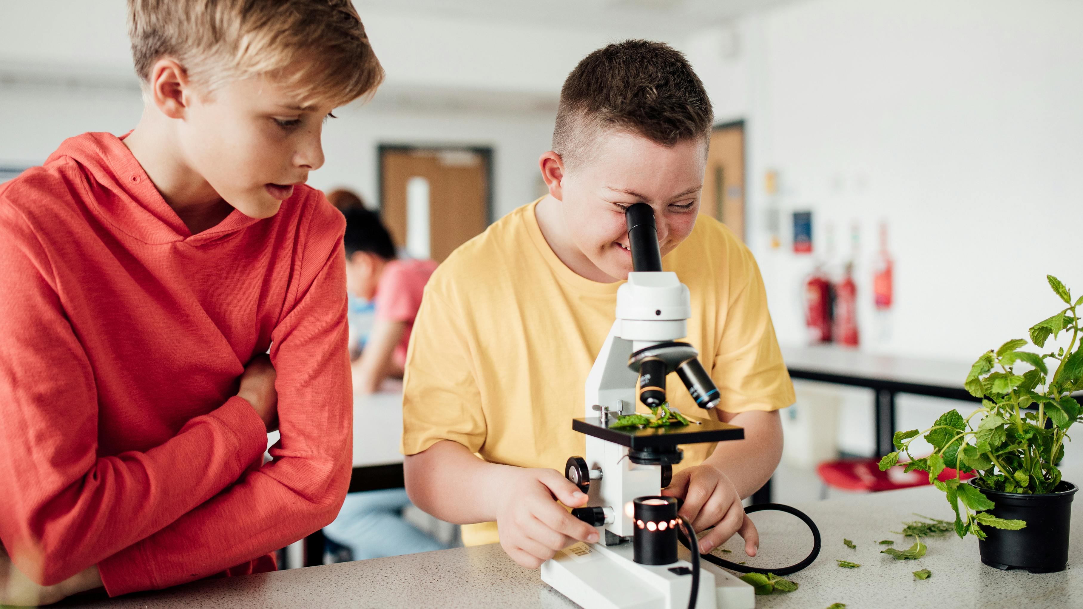 Ein Junge mit Down-Syndrom schaut durch ein Mikroskop. Ein anderer Junge steht daneben und schaut ihm dabei zu. 