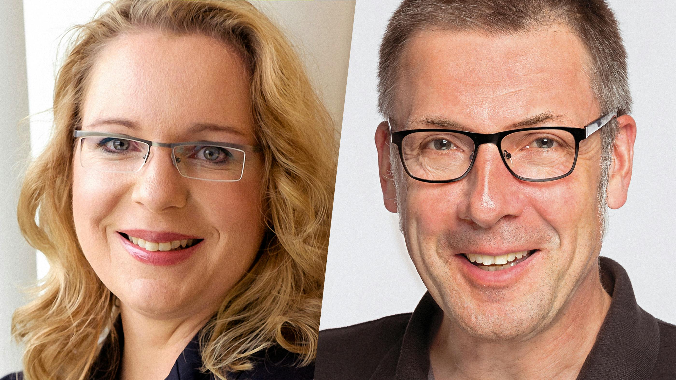 Ein zweigeteiltes Bild: Links Claudia Kemfert, rechts Niko Paech. Kemfert trägt Brille, blonde Haare offenes Lächeln. Paech trägt ebenfalls Brille und kurzes Haar. 