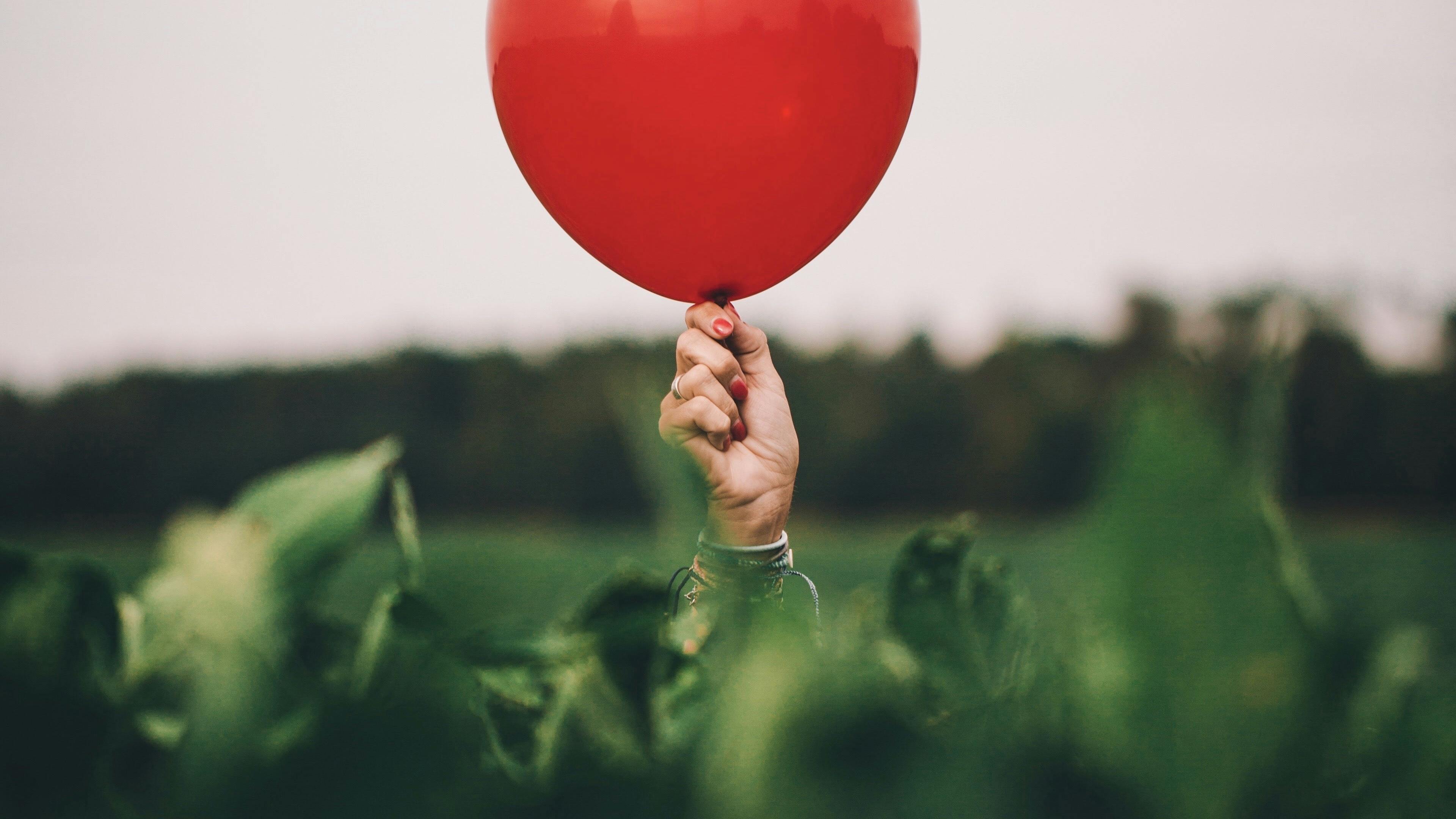 Inmitten eines grün bewachsenen Felds hält eine Hand an einem roten Luftballon fest. Im Hintergrund ist unscharf der Beginn eines Walds zu erkennen. 