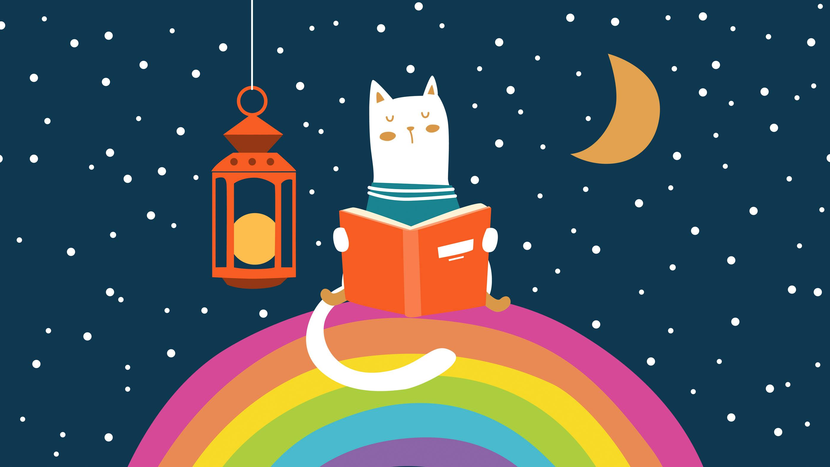 Wir sehen eine Katze, die in der Nacht auf einem Regenbogen sitzt und gemütlich liest. 