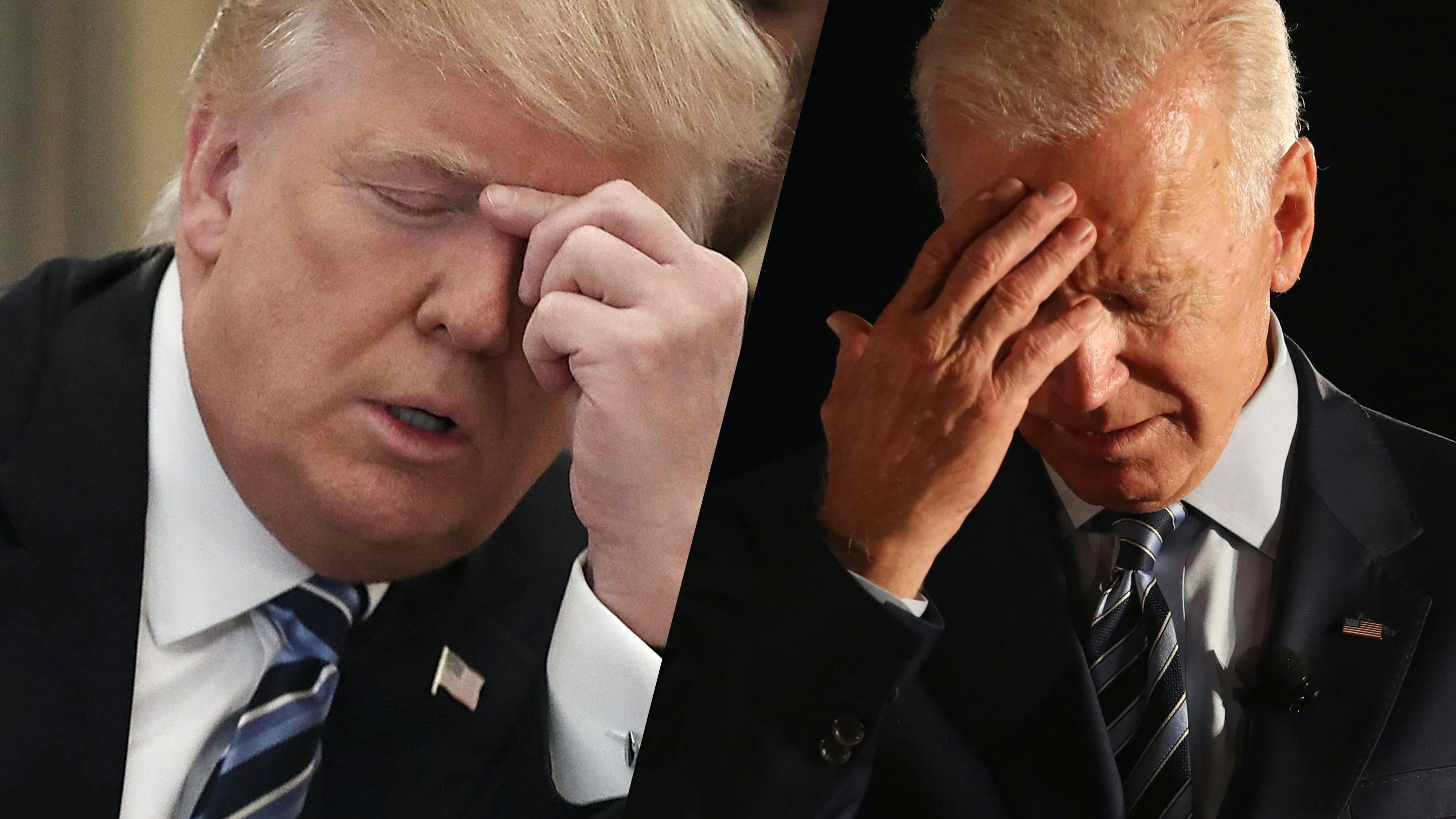 Links im Bild sehen wir Trump, der sich an den Kopf fasst und rechts tut Biden dasselbe. 