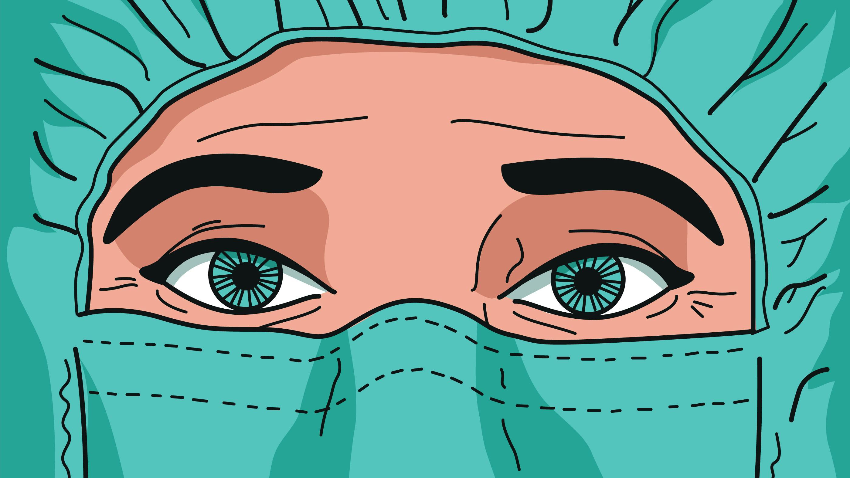 Wir sehen eine Krankenpflege-Person, von der wir nur die Augen sehen, weil der Kopf mit grüner Pflegekleidung bedeckt ist. 