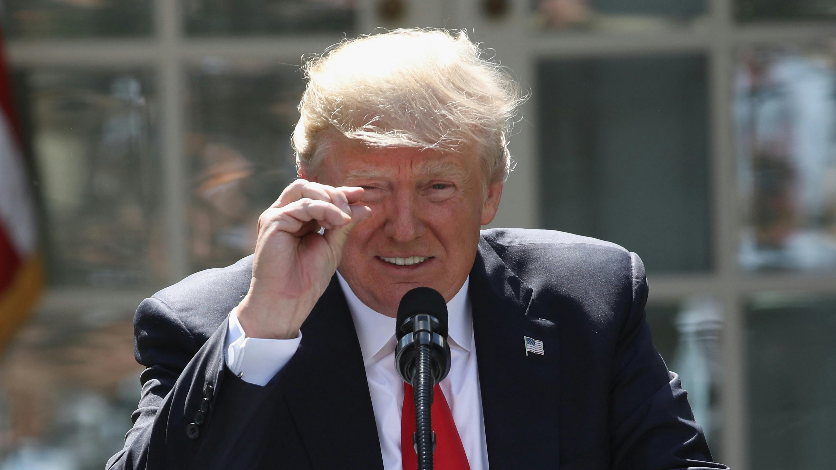 Donald Trump bei einer Pressekonferenz im Weißen Haus im Jahr 2017 deutet mit zwei Fingern etwas Kleines an.