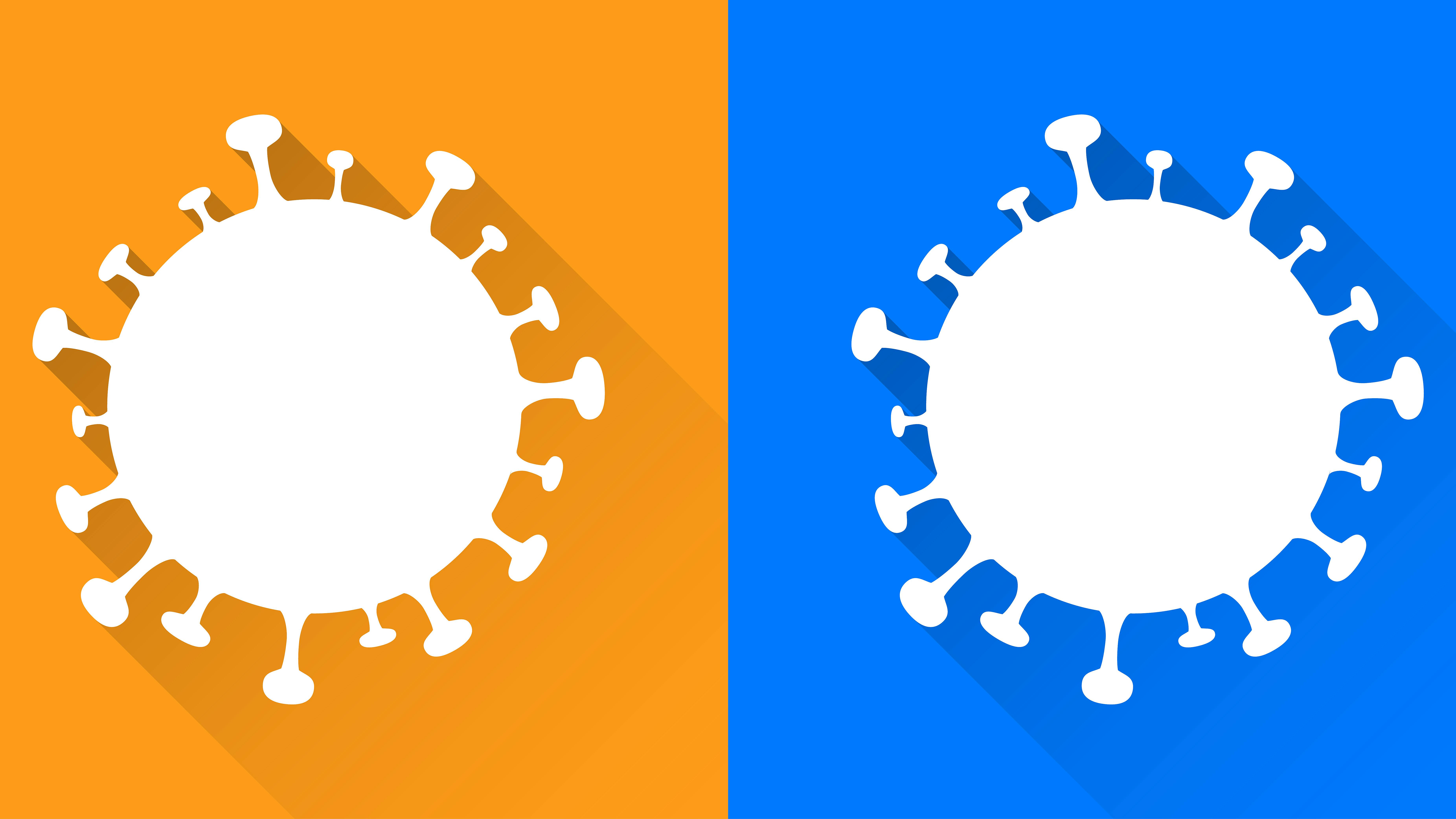 Wir sehen zwei stilisierte Viren: eins vor einem orangenen Hintergrund, eines vor einem blauen Hintergrund