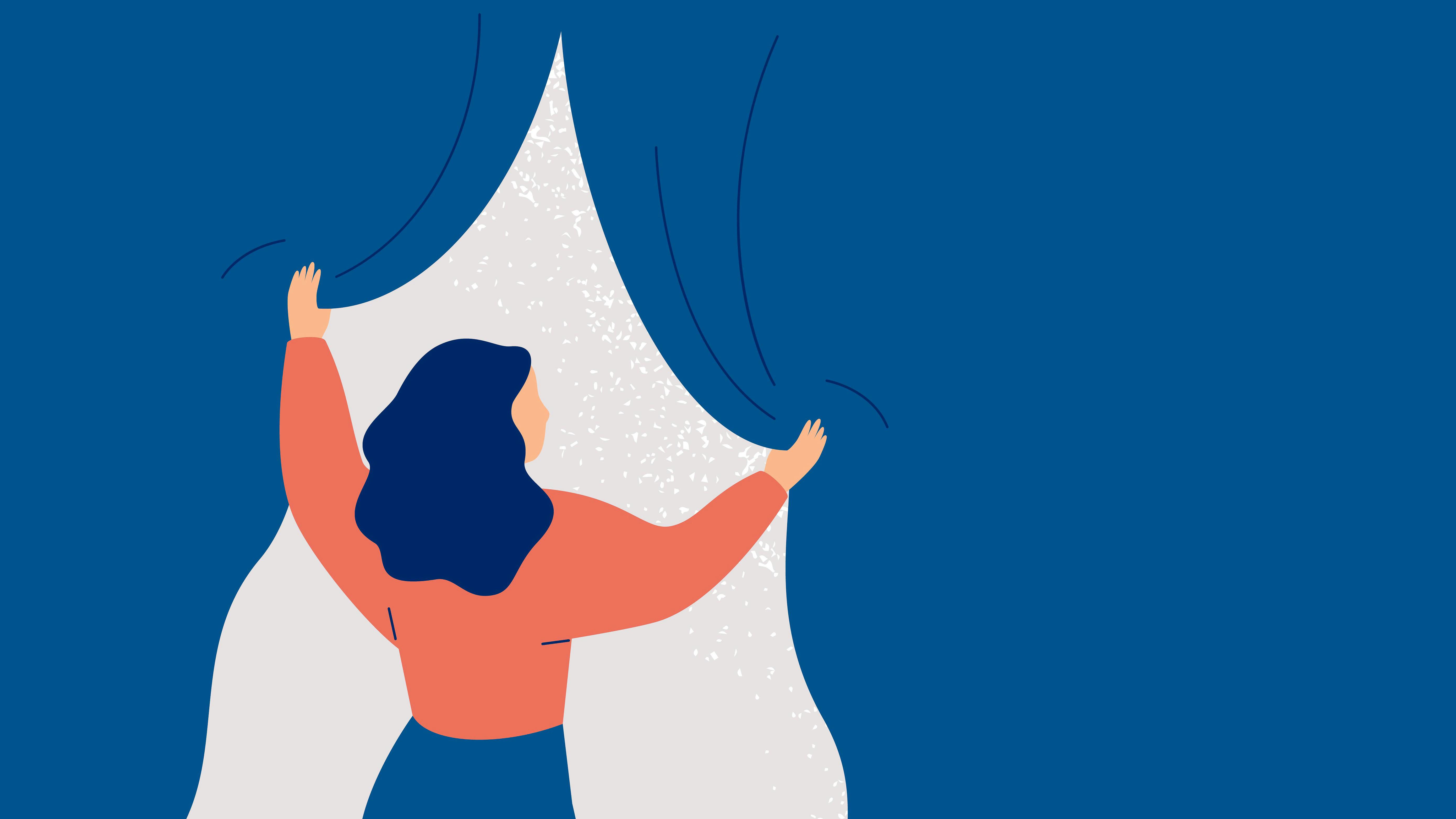 Illustration; Rückenansicht einer weiblichen Person welche einen Vorhang beiseite zieht und sieht in das Licht. 