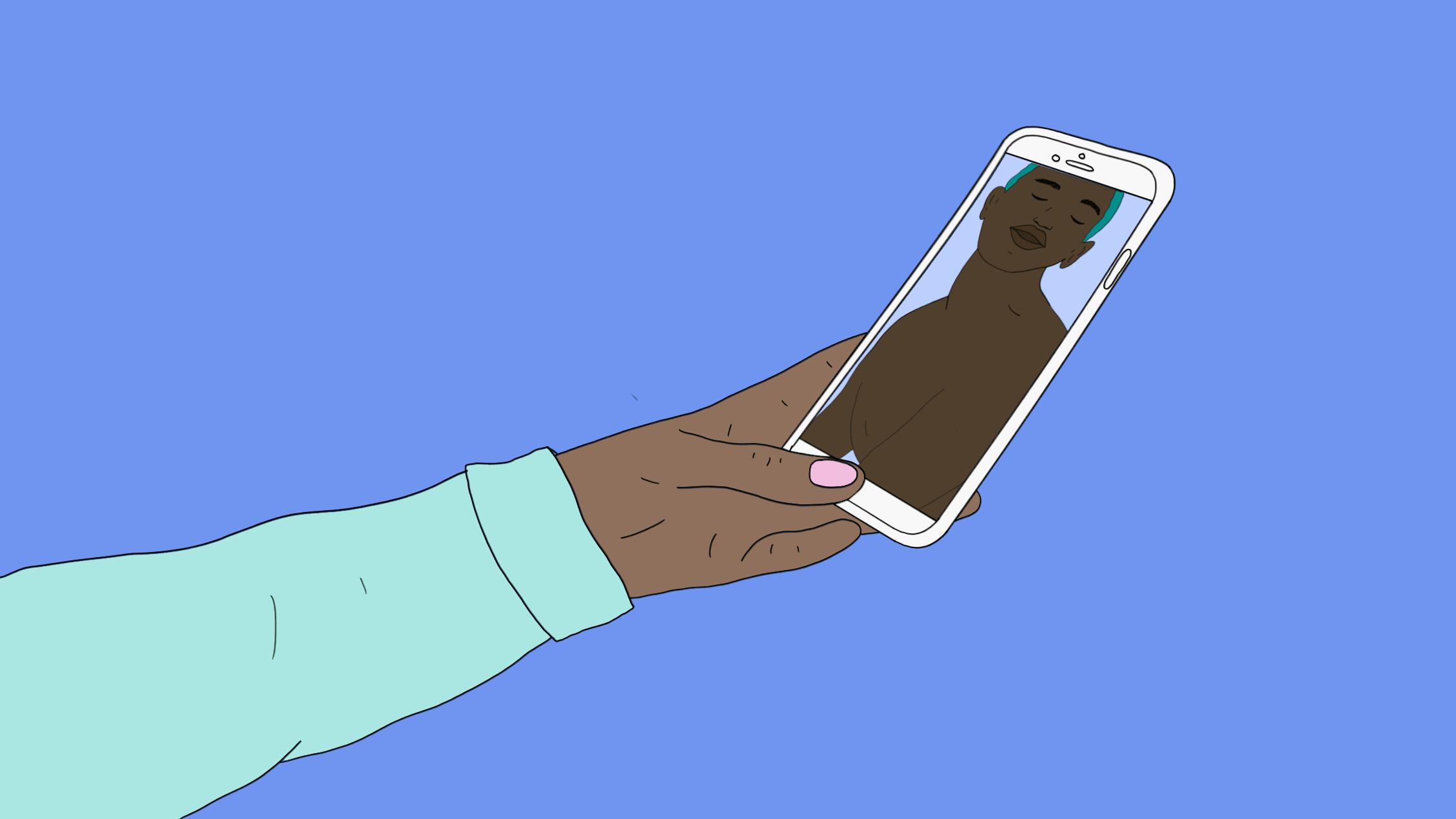 Illustration einer Hand welche ein Smartphone hält, darauf ist eine scheinbar unbekleidete PoC Person zu sehen.