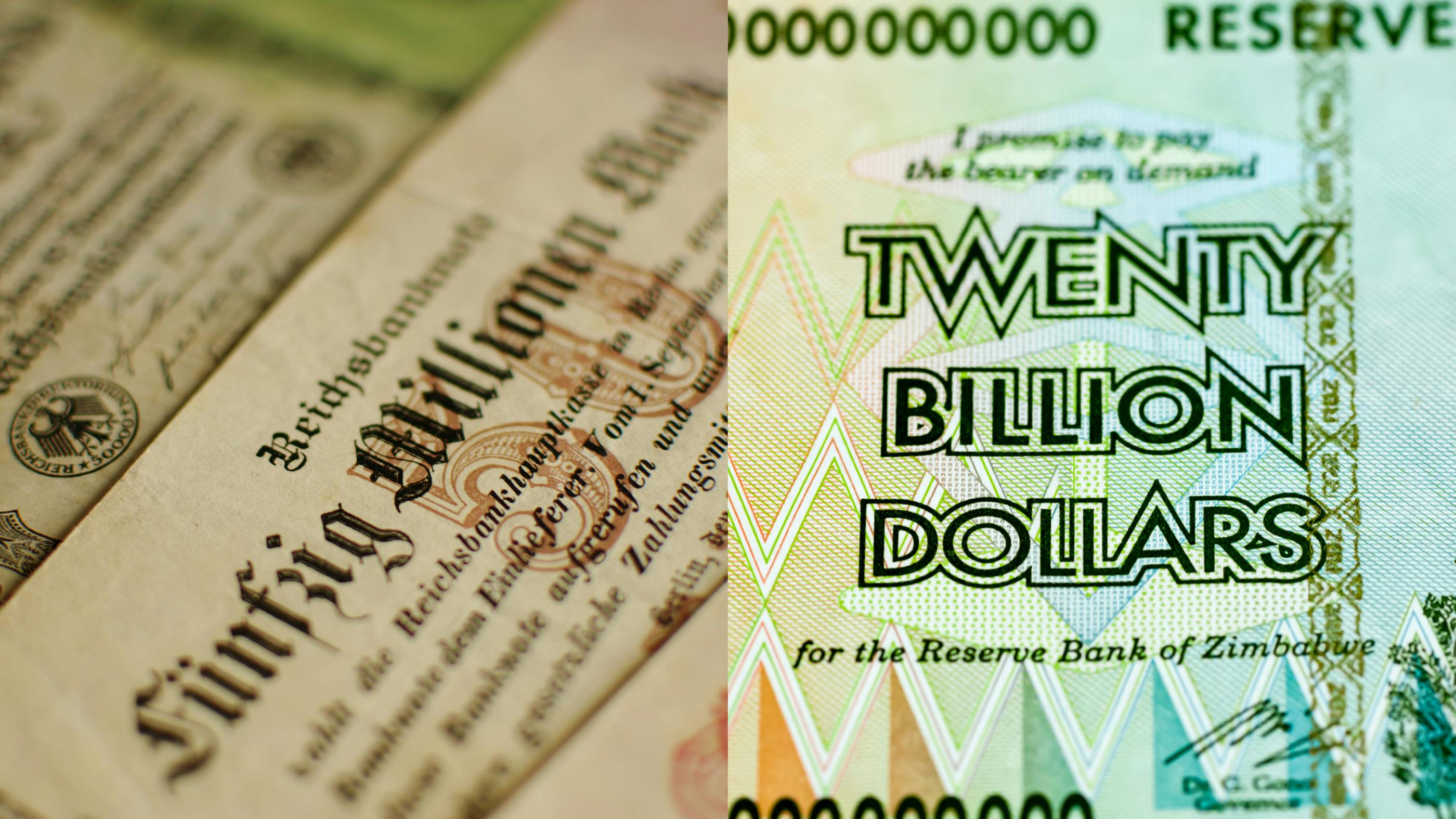 Ein Diptychon; links ein fünfzig Millionen Mark Schein aus der Weimarer Republik, rechts ein zwanzig Milliarden Dollar Schein aus Simbabwe. 