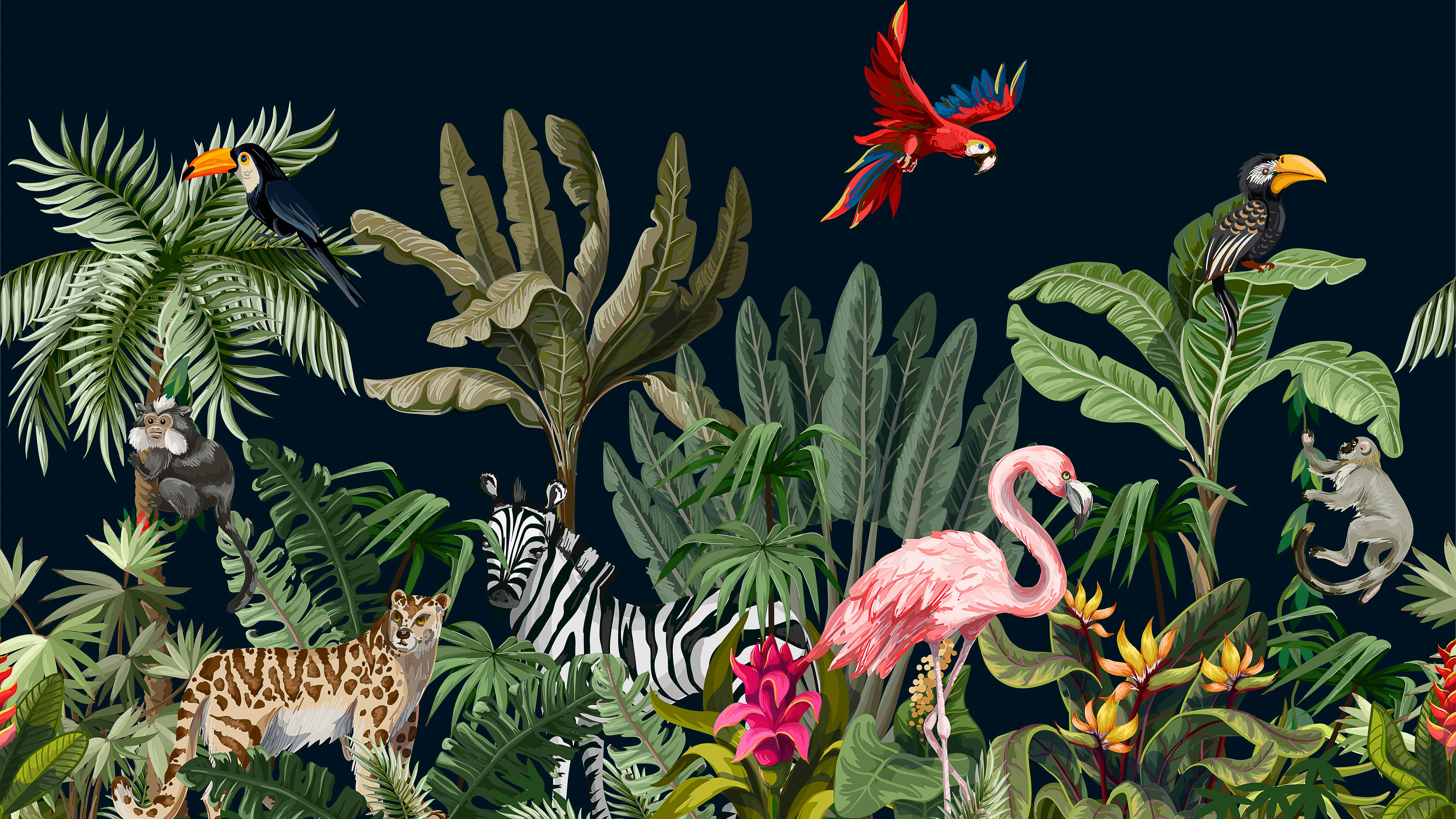 Illustration bestehend aus einer Szene mit Dschungeltieren, Blumen und Bäumen. 