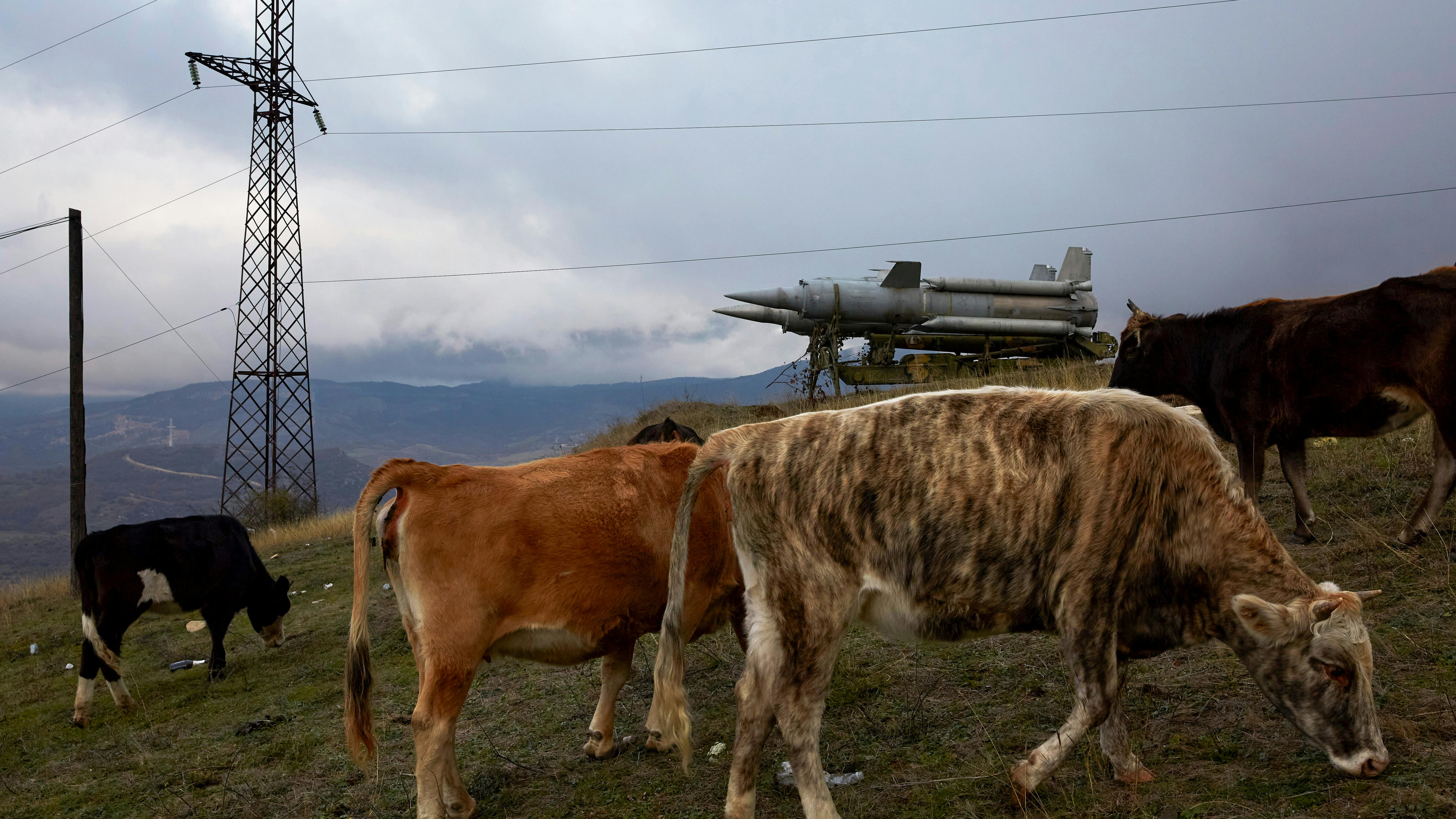 Im Vordergrund, eine Kuhherde grast an einer Hügelflanke. Im Mittelgrund sind sowjetische Flugabwehrraketen zusehen. Im Hintergrundgrund die typisch bergig-bewölkte Landschaft des Südkaukasus.