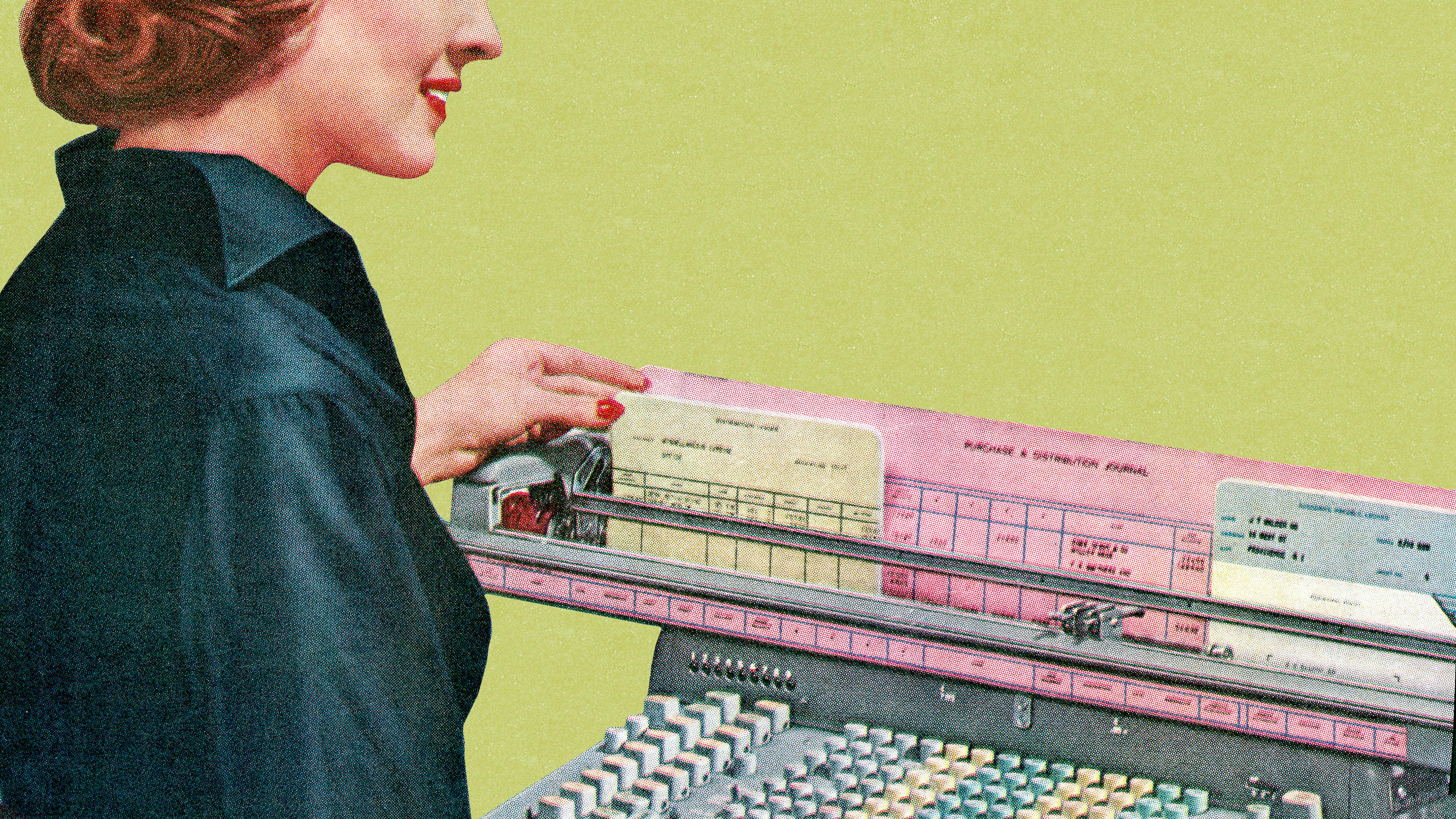 Illustration (ca 1950) einer Frau mit welche eine Lochkarte in ein Schreibgerät einfügt.