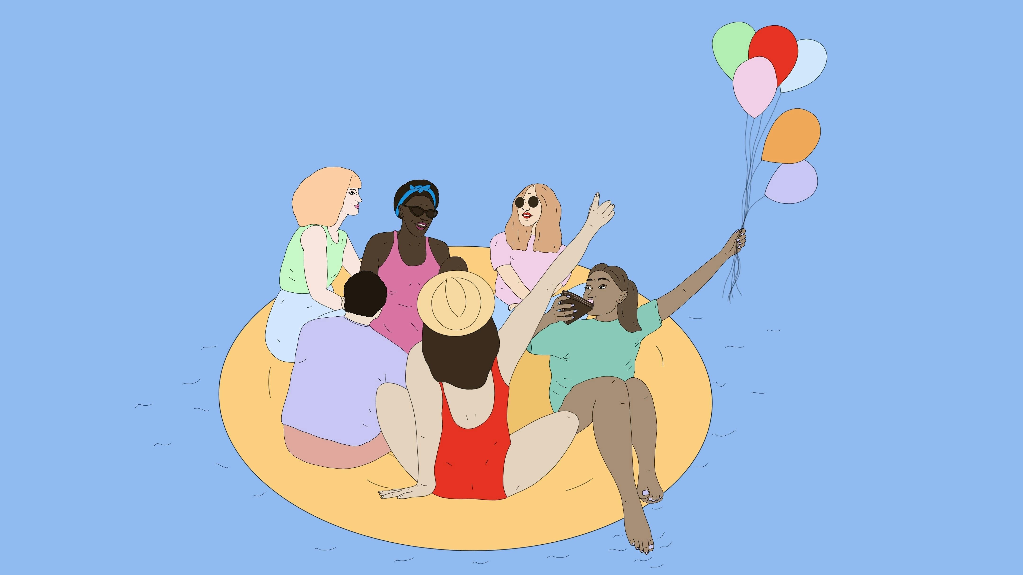 Eine Gruppe weiblich gelesener Menschen sitzt sommerlich gekleidet auf einer Decke mit Luftballons und feiert.