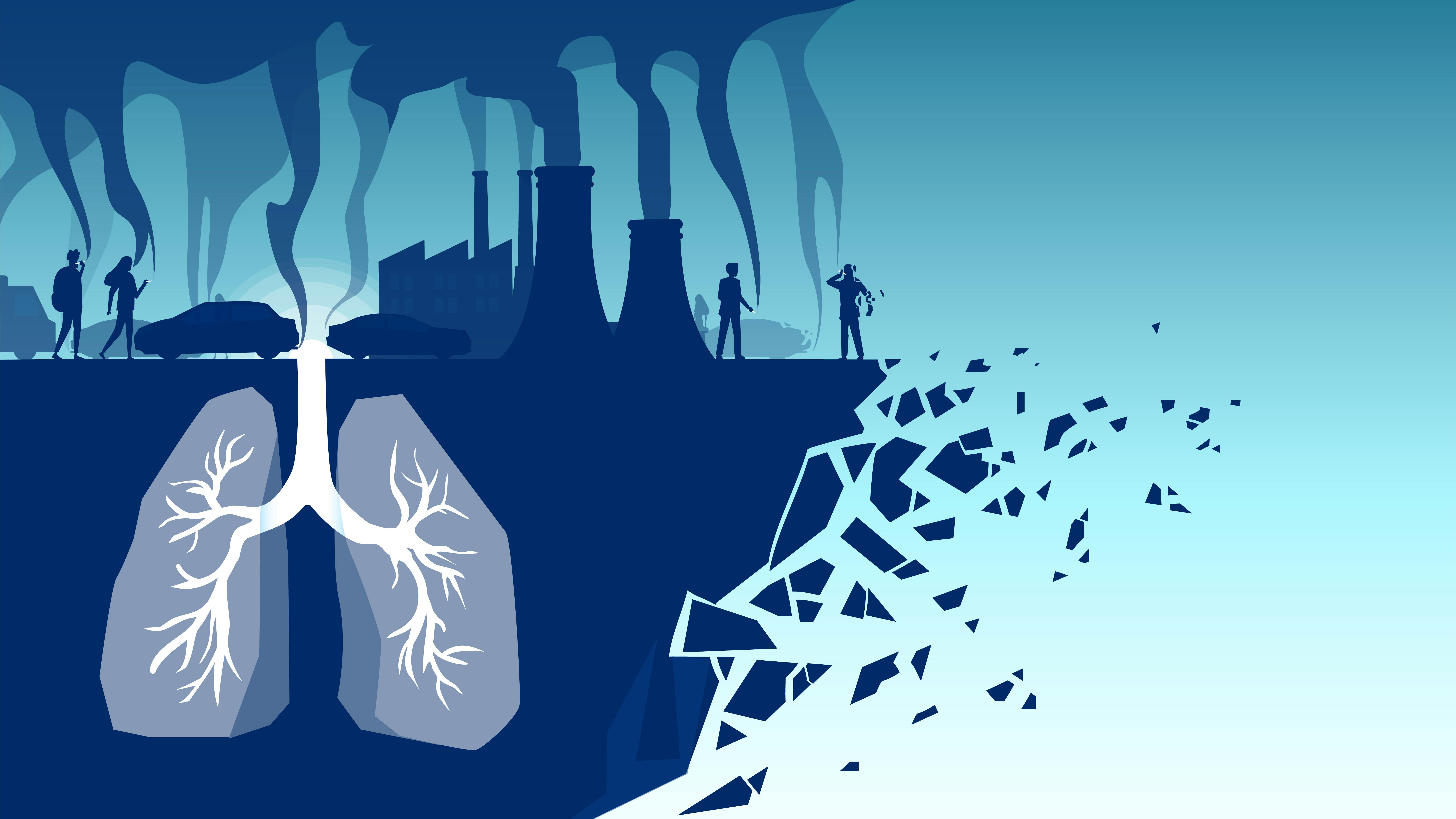 Illustration bestehend aus einer langsam wegbrechenden Klippe, die eine Lunge enthält und auf der symbolisch die Industriegesellschaft steht. 