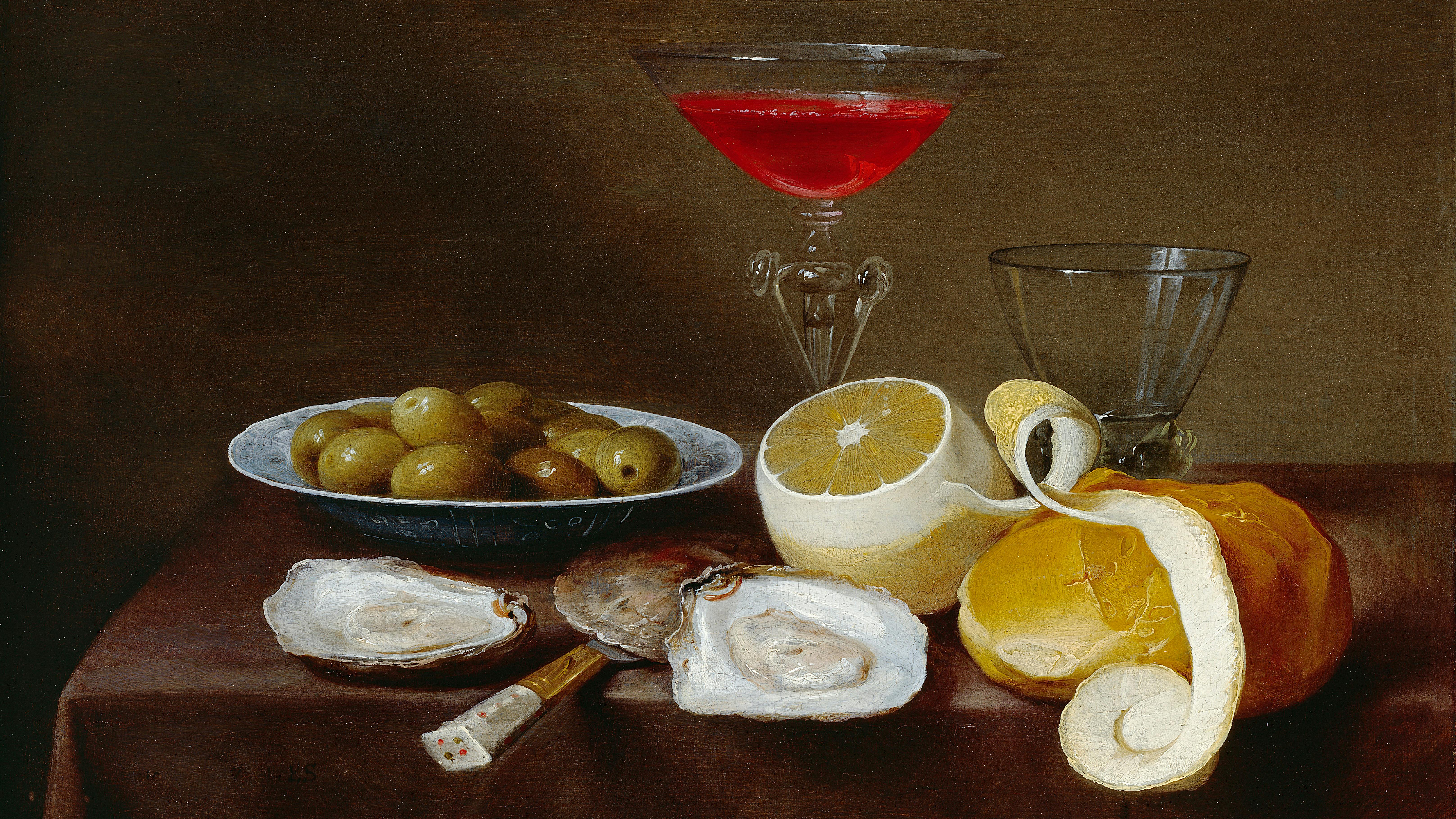 Gemälde eines Stillebens mit Oliven und einem Glaskelch mit roter Flüssigkeit.