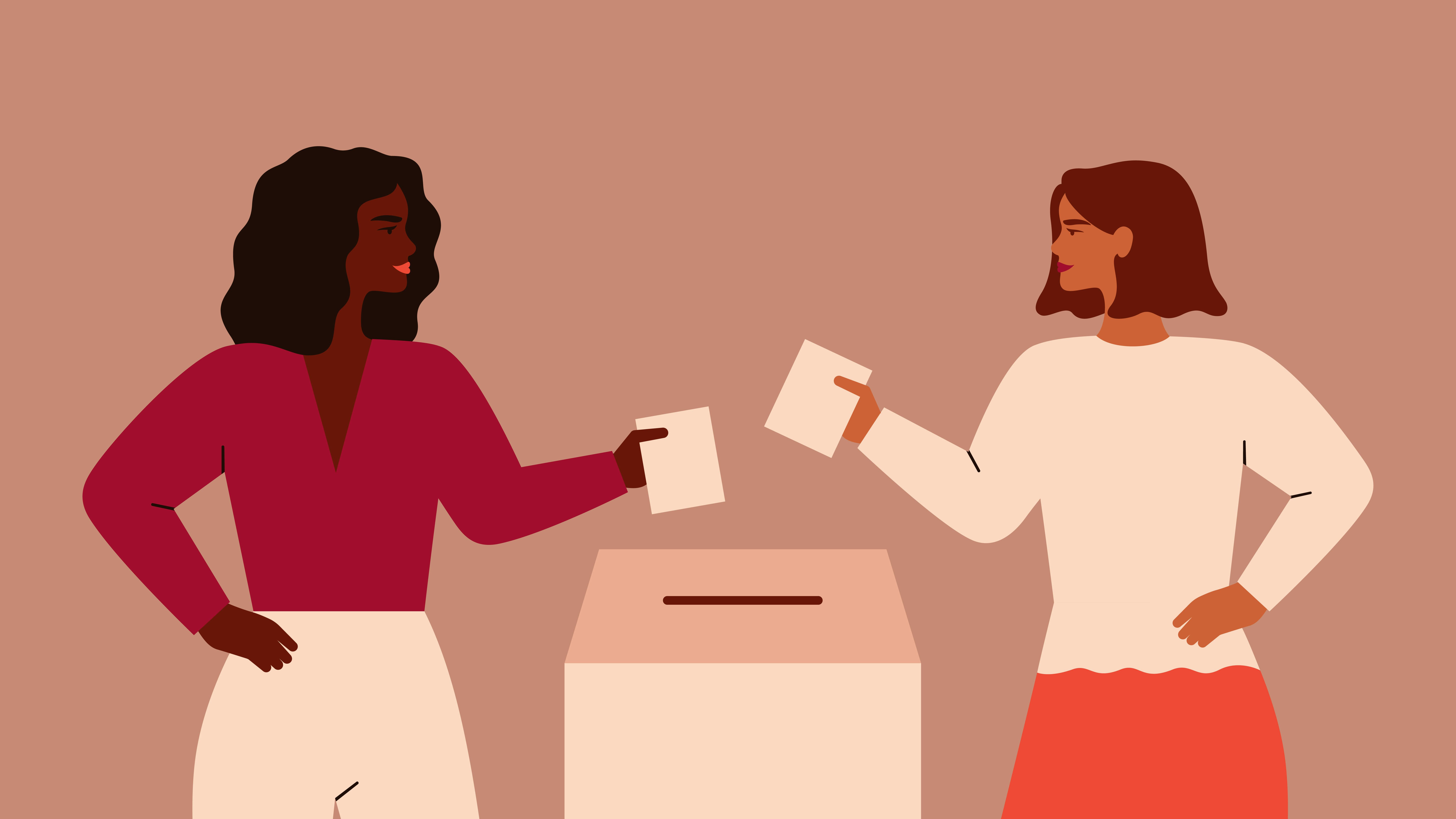 Illustration von zwei Frauen die ihre Stimme ein eine Wahlurne geben.