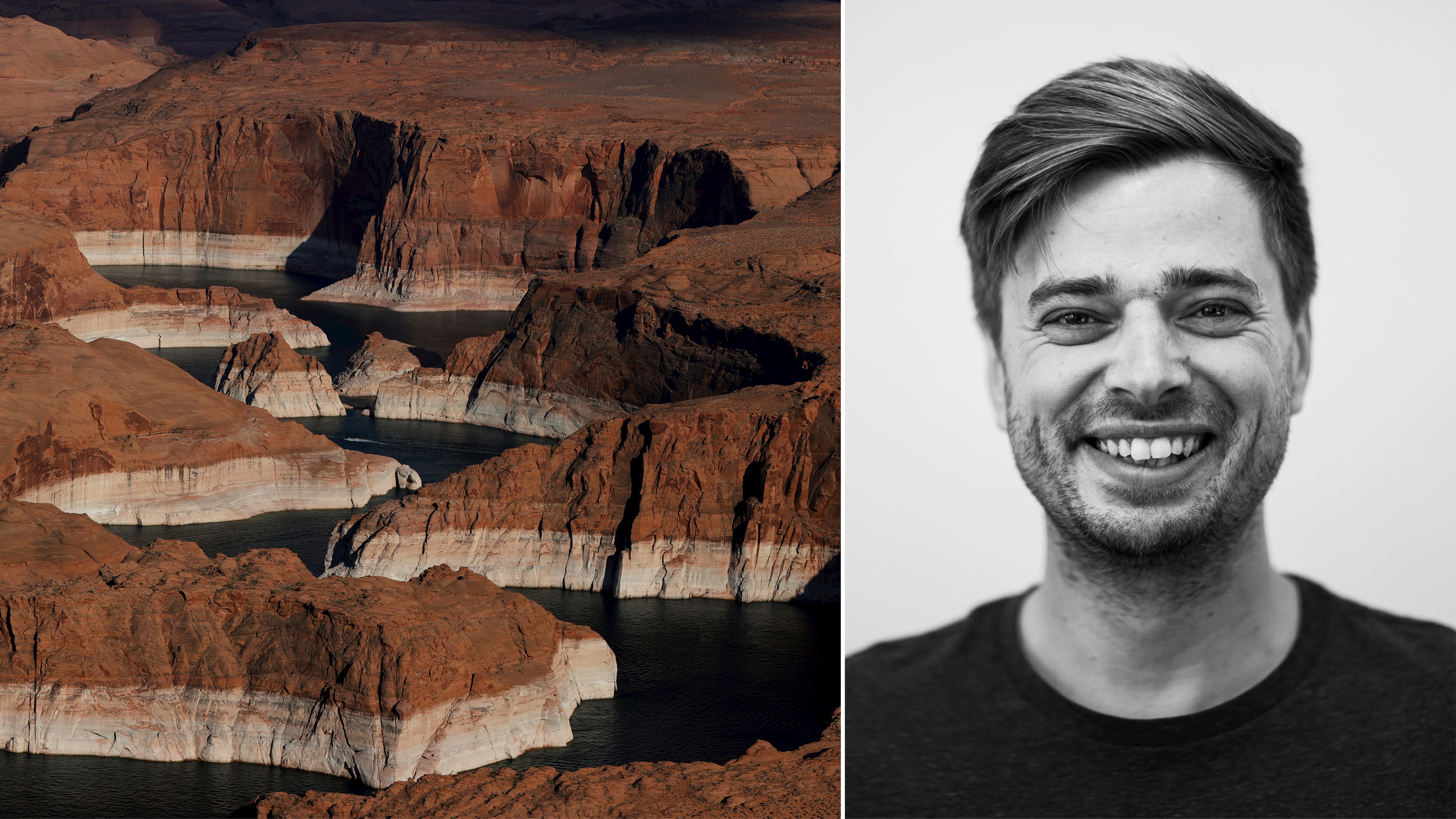 Links: Ein Ausgetrockneter Stausee in den Canyons Arizonas. Rechts: Ein Porträt des Autors, Rico Grimm