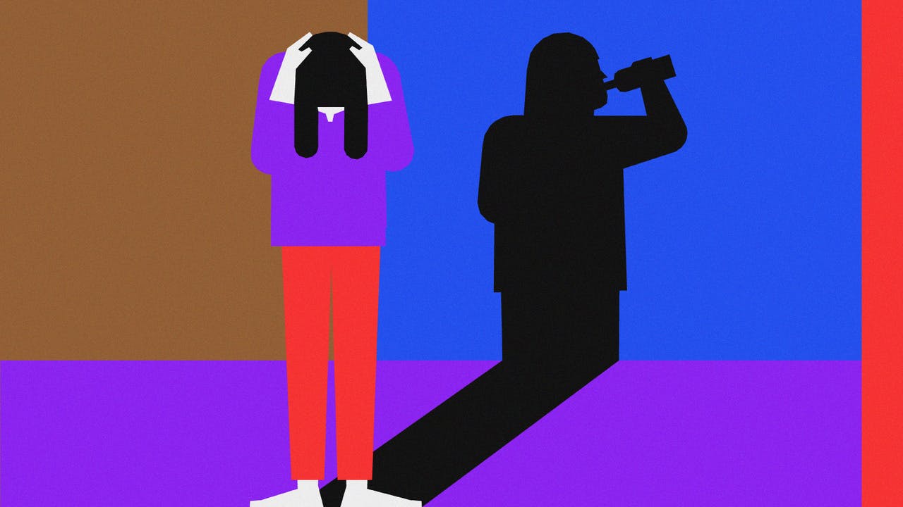 Eine Illustration zeigt eine Person die verzweiflt den Kopf senkt. Der Schatten der Person hebt eine Flasche.