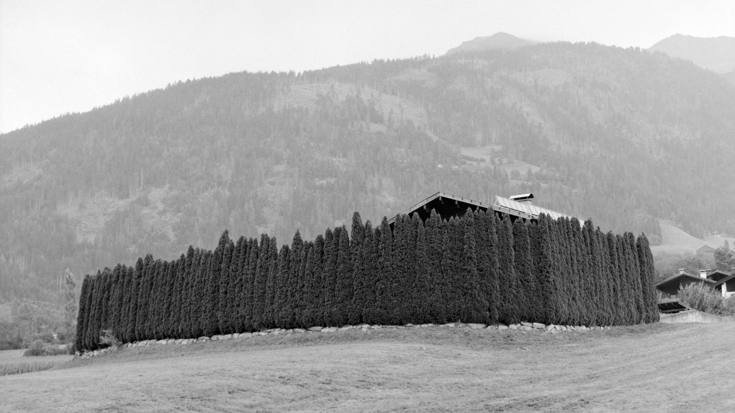 Ein einsames Haus in den Alpen, umgeben von haushohen Bäumen die es blickdicht umschließen. Im Hintergrund sind die nahen Berge zu sehen.
