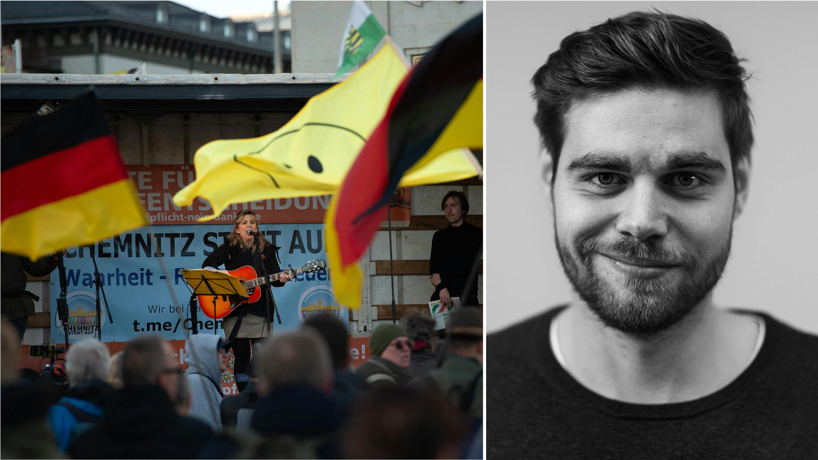Links; Lockdown und Masken Gegner:innen protestieren, Deutschland Flaggen wehen, eine weiblich gelesene Person spielt Gitarre auf der Bühne. Rechts: Unser Reporter Tarek Barkouni.