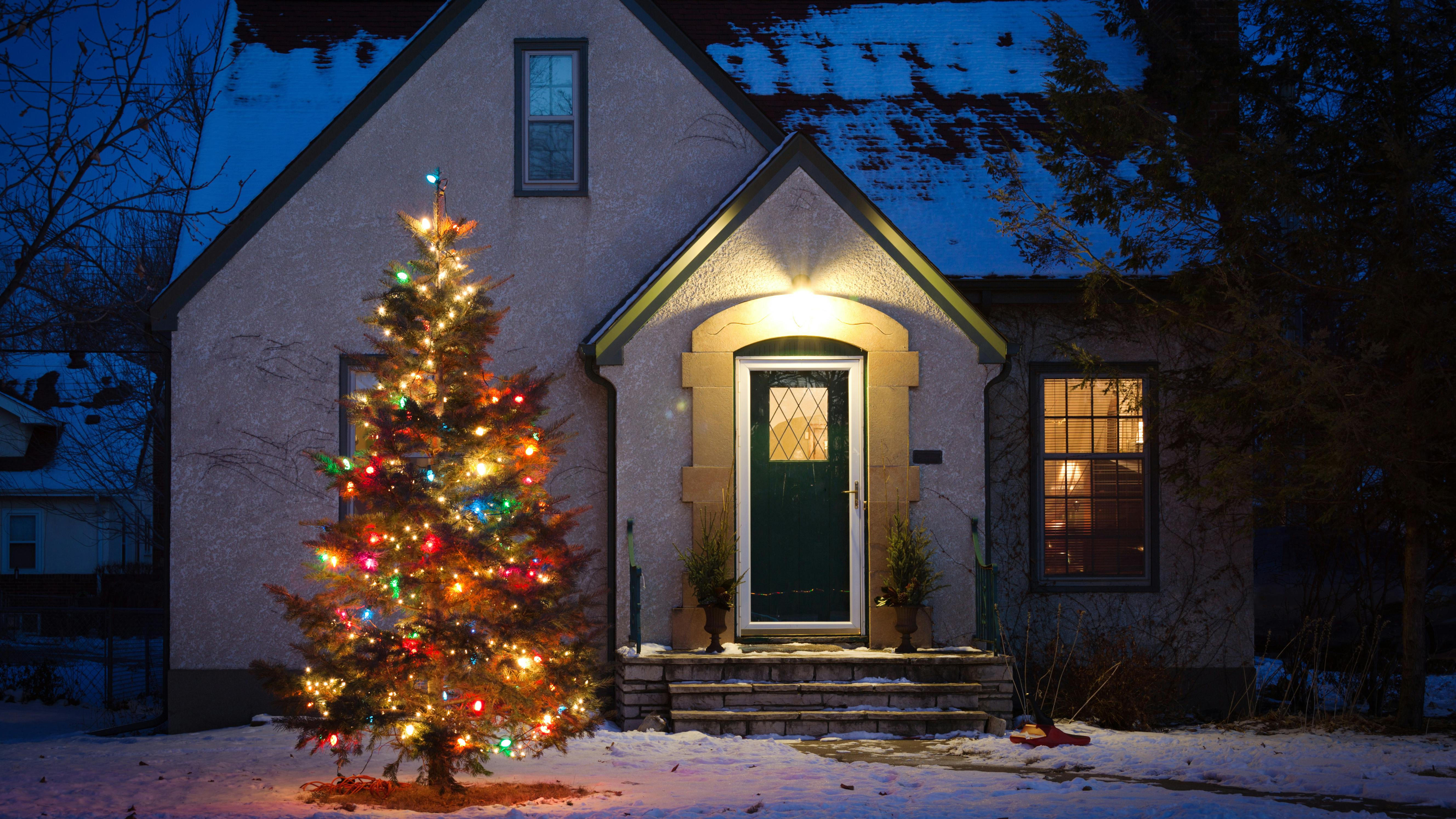 Outdoor-Weihnachtsbaum, dekoriert mit Lichtern. Die Umgebung erinnert an einen spießigen deutschen Vorort.