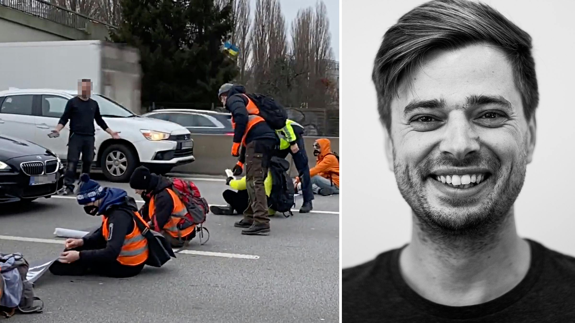 Links ein Bild der Autobahnblockade, rechts ein Bild des Autors, Rico Grimm.