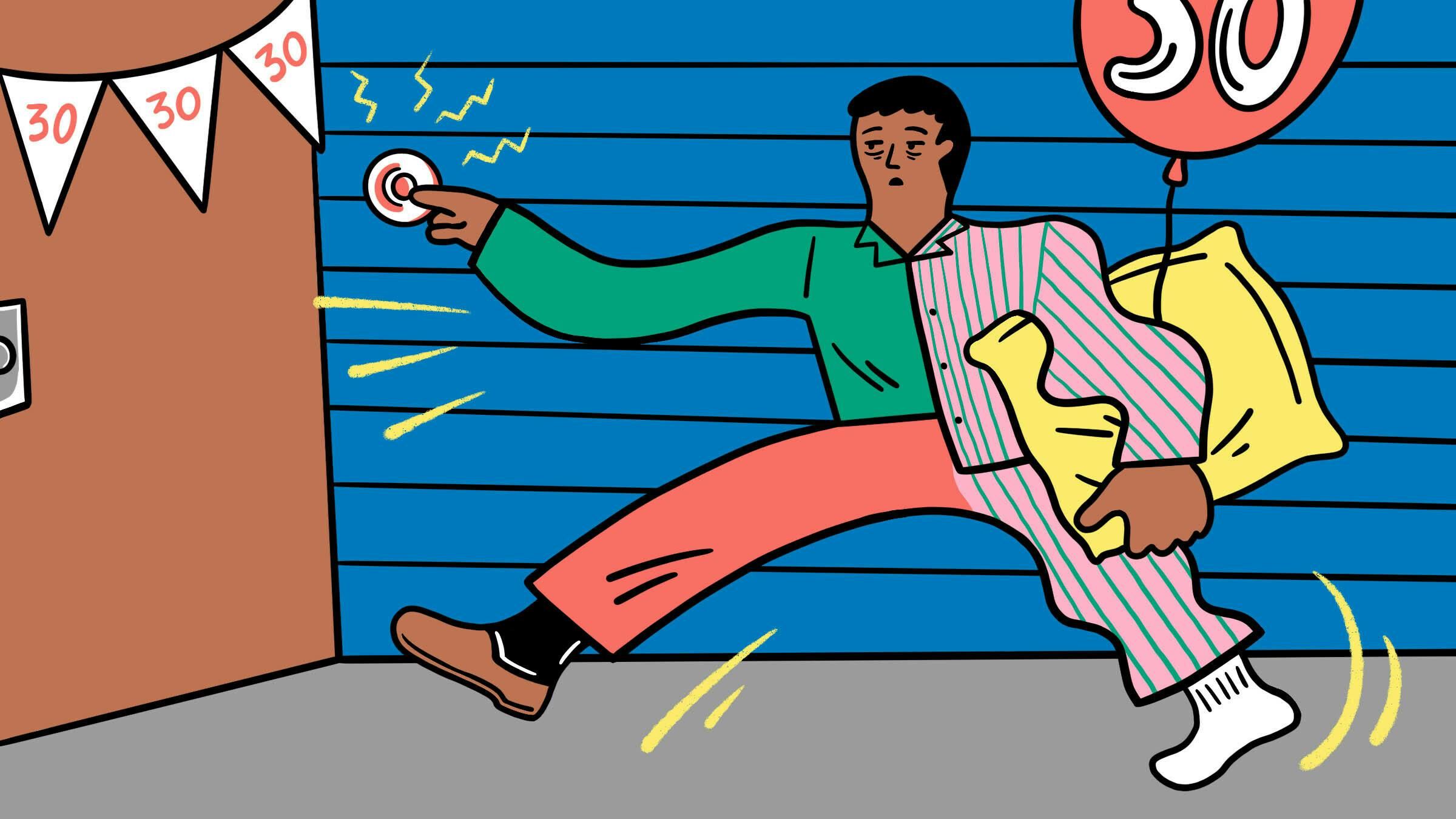 Illustration: Ein müder Mann klingelt an einer Tür, über der Wimpelfahnen angebracht sind. Er trägt zur einen Hälfte einen Schlafanzug, zur anderen Straßenkleidung. Unter dem Arm hält er ein Kissen und einen Ballon.