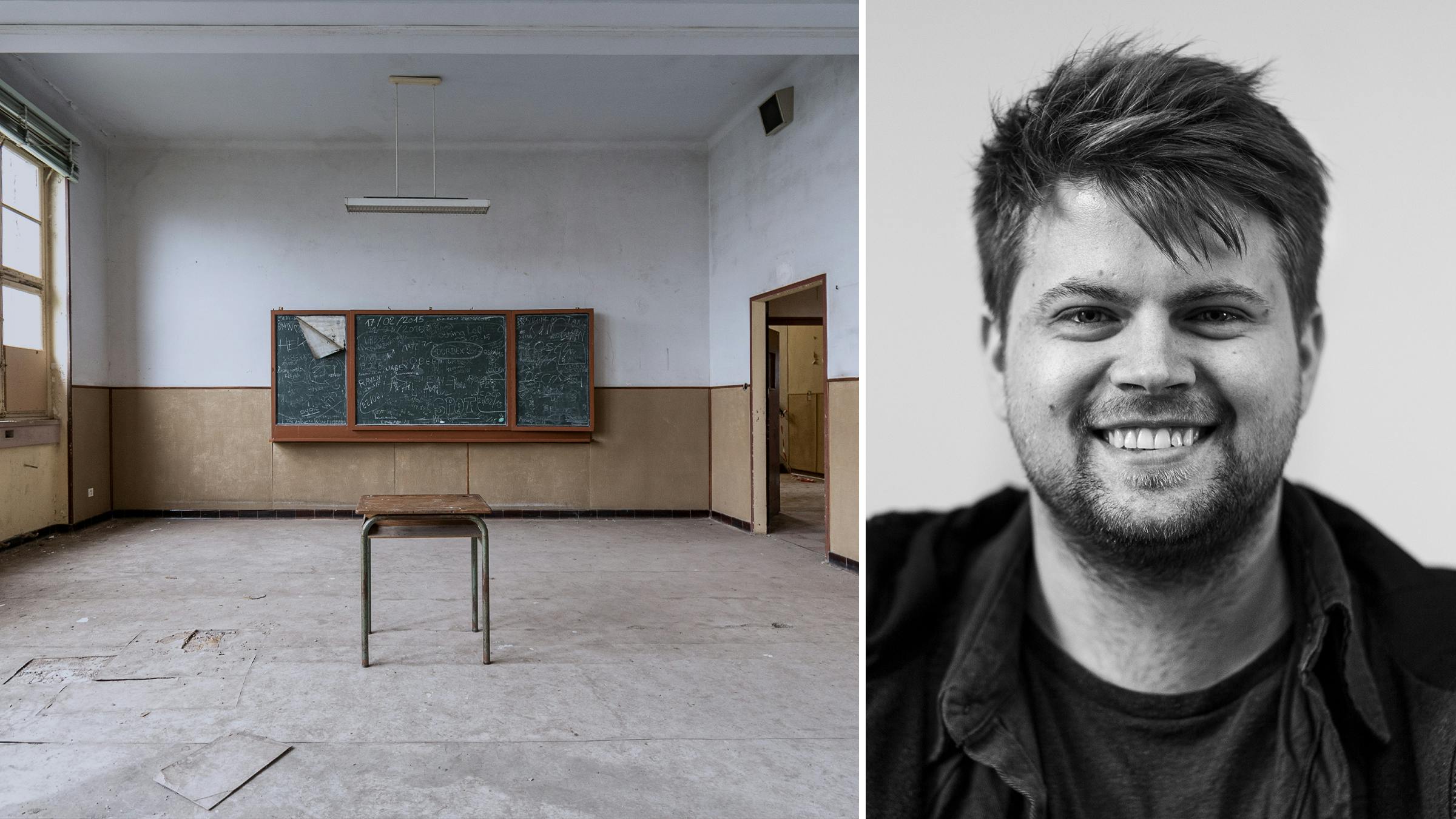 Links: Ein heruntergekommendes und verlassendes Klassenzimmer. Ein einzelner Tisch steht vor einer Tafel. Rechts: Ein Portrait von Bent.