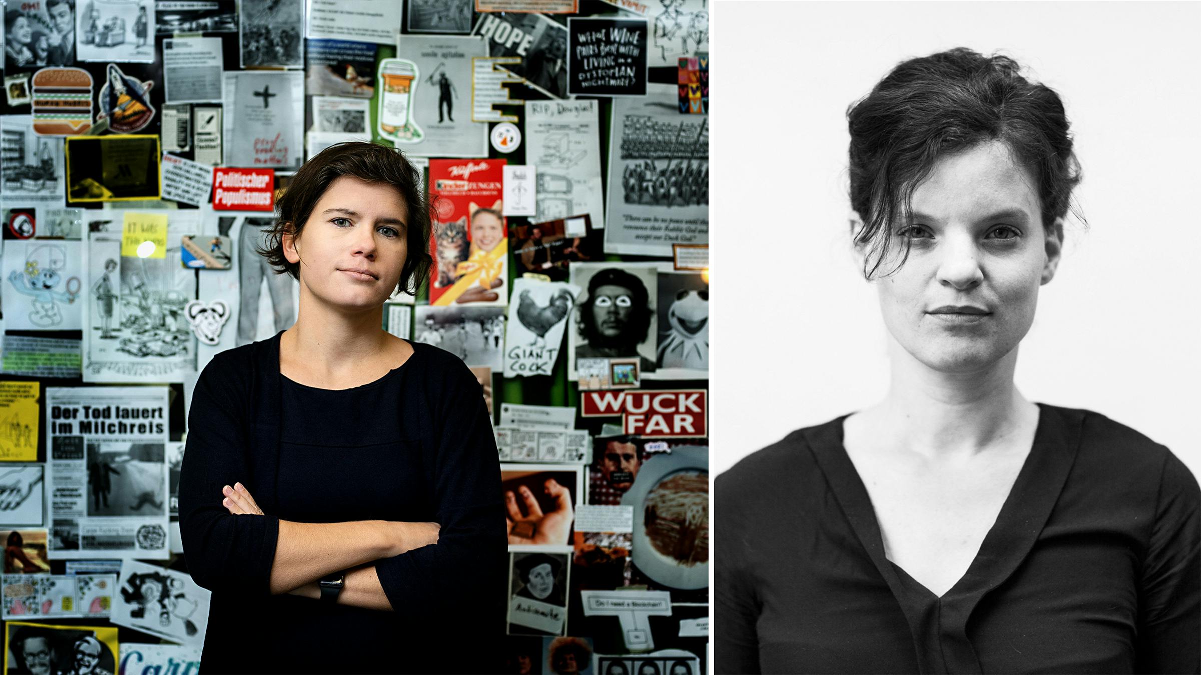 Links: Ingrid Brodnig, im Hintergrund hängen Zeitungsausschnitte an der Wand. Rechts: Ein Portait von Theresa.