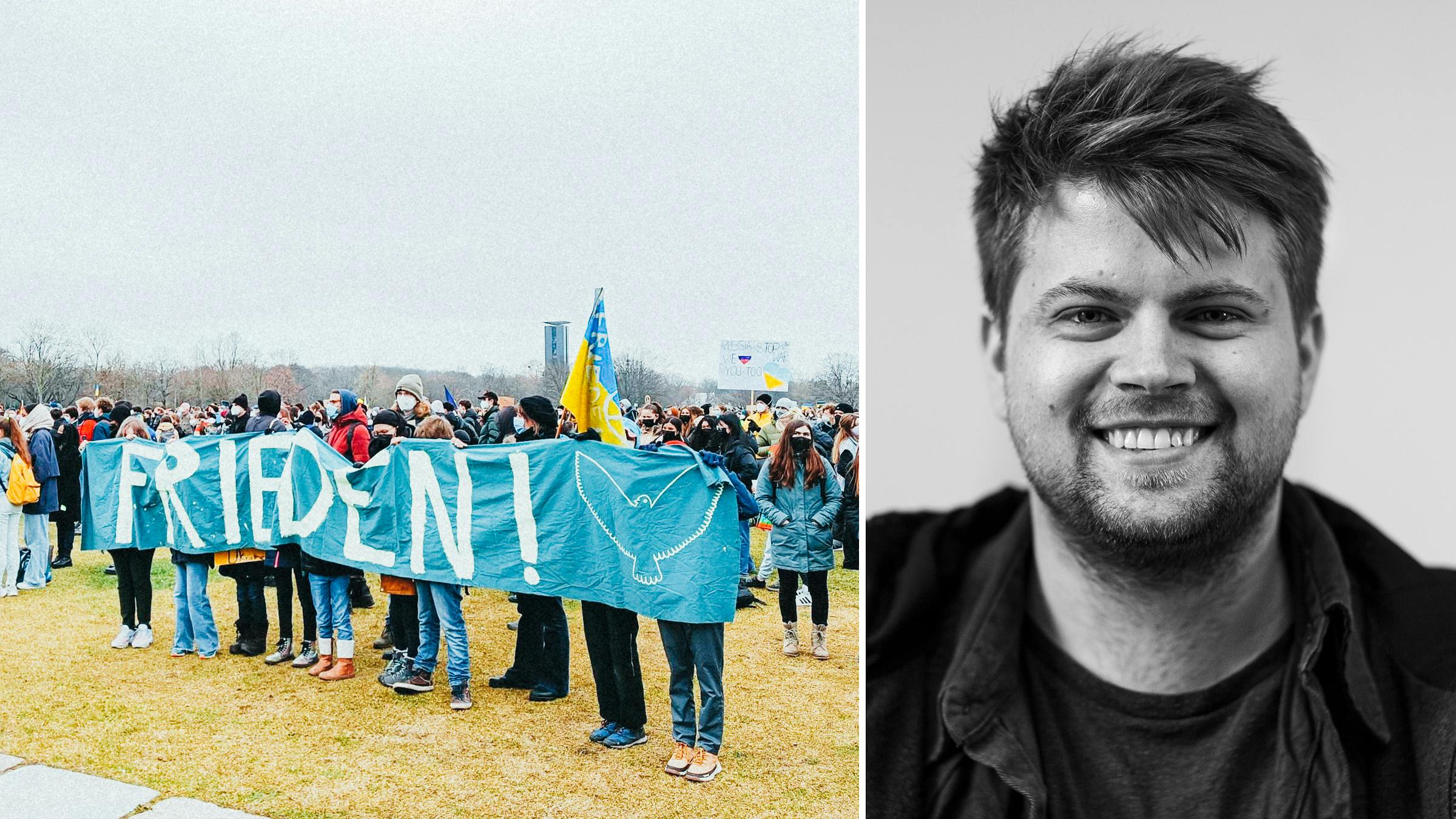 Links: Jugendliche demonstrieren für den Frieden. Sie halten ein blaues Banner, auf dem Frieden steht. Rechts: Ein Portrait von Bent. 