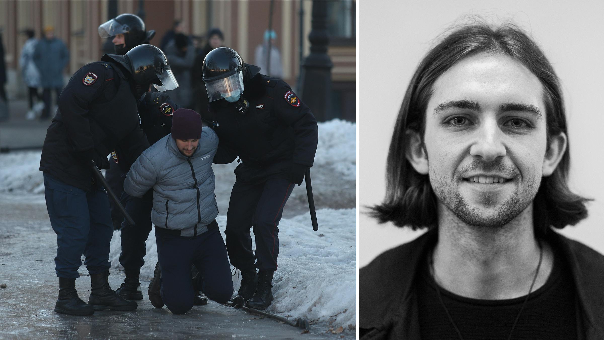 Links: Drei Polizisten verhaften einen Mann auf einer Demonstration in Russland. Er kniet auf der Straße. Rechts: Ein Portrait von Ben.