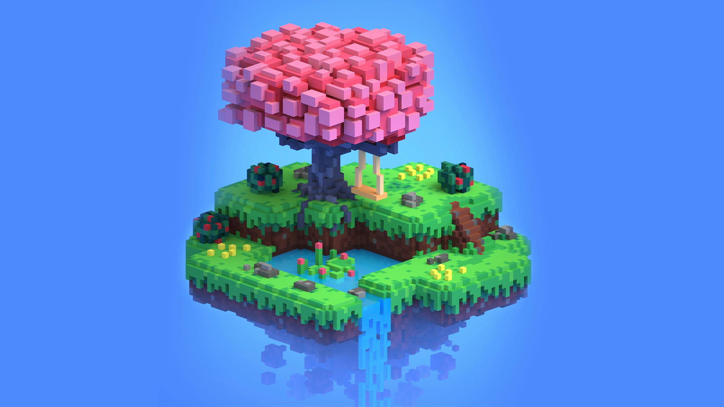 Auf einer kleinen Insel steht ein Baum in Minecraft-Optik. Er trägt rosafarbene Blüten.