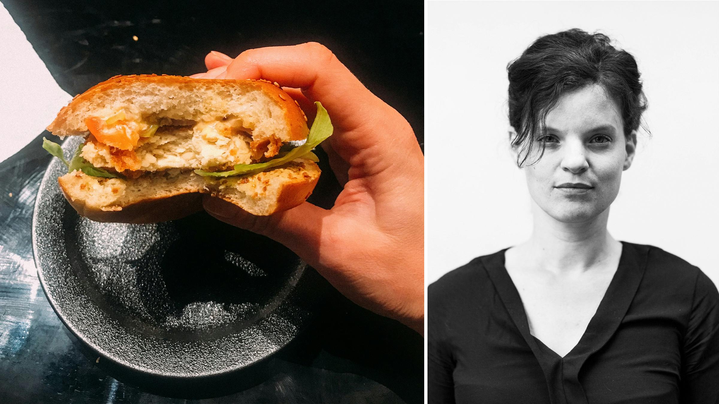 Links: Eine Hand hält einen angebissenen Laborfleisch-Burger. Rechts: Ein Portrait von Theresa.