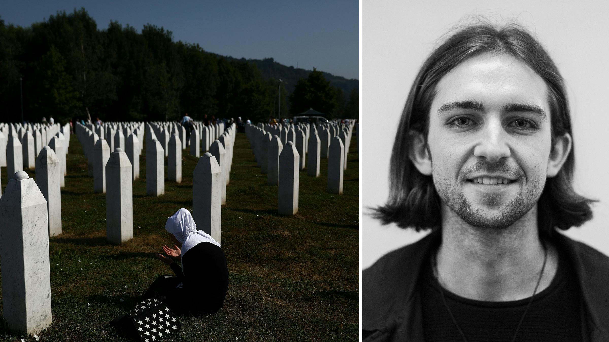 Links: Eine Frau kniet betend im Denkmal des Völkermords von Srebrenica. Sie trägt ein schwarzes Gewand und ein weißes Kopftuch. Rechts: Ein Portrait von Ben.