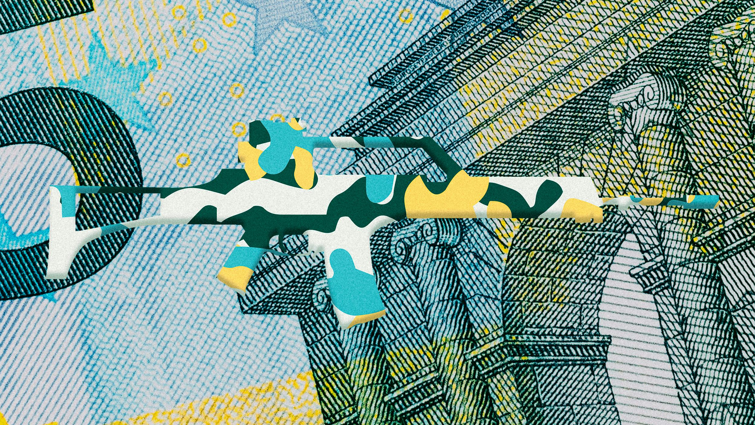 Illustration: Eine Waffe mit Flecktarn-Muster liegt auf dem Ausschnitt eines Geldscheins.