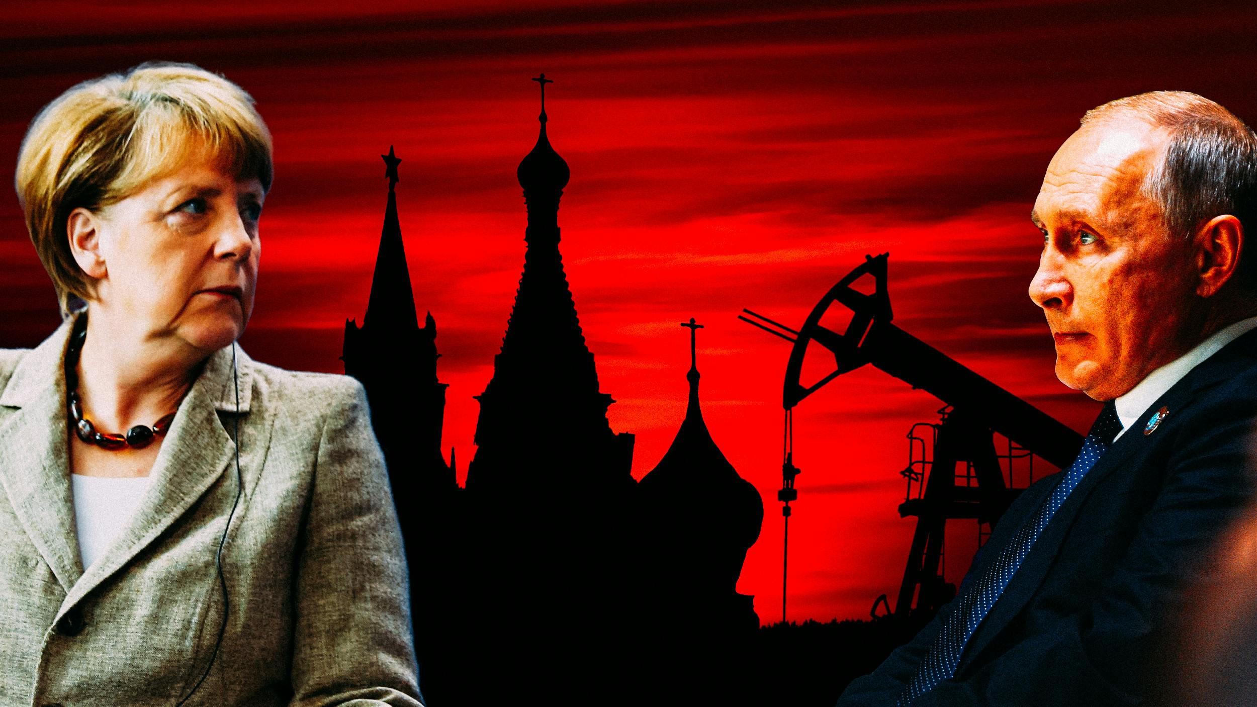 Collage: Merkel und Putin blicken sich an. Im Hintergrund steht eine Ölpumpe neben Zwiebeltürmen.