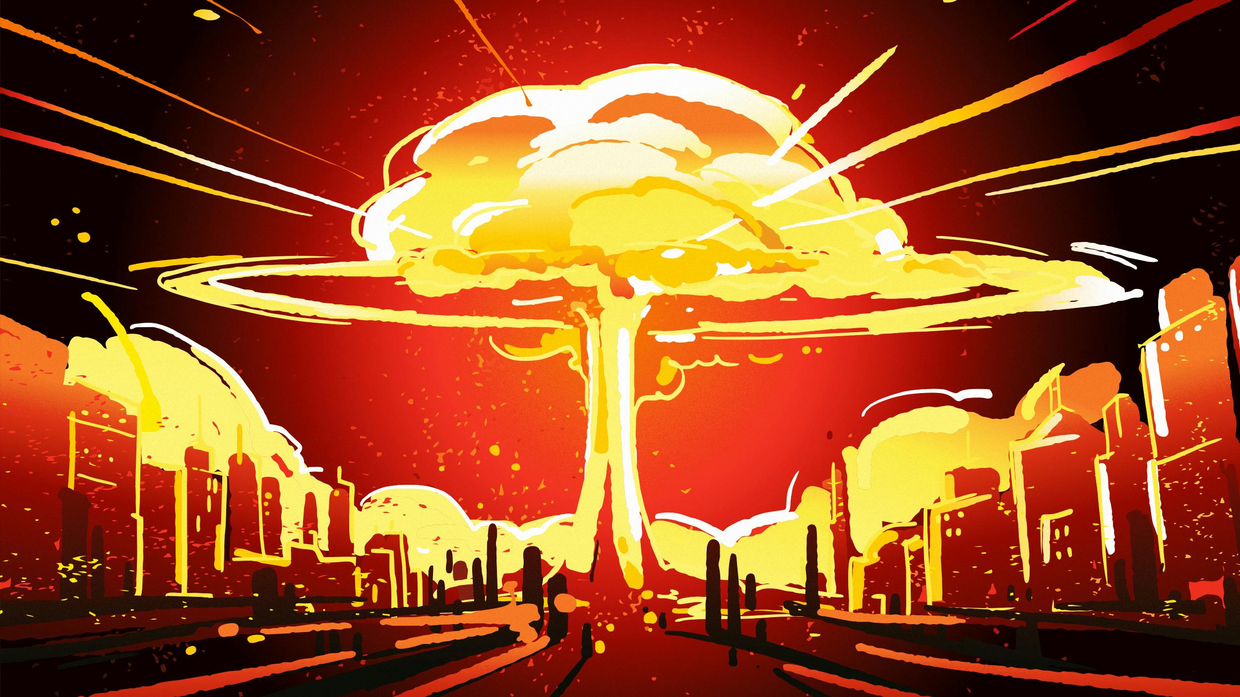 Eine Illustration zeigt einen Atompilz über einer Großstadt. 