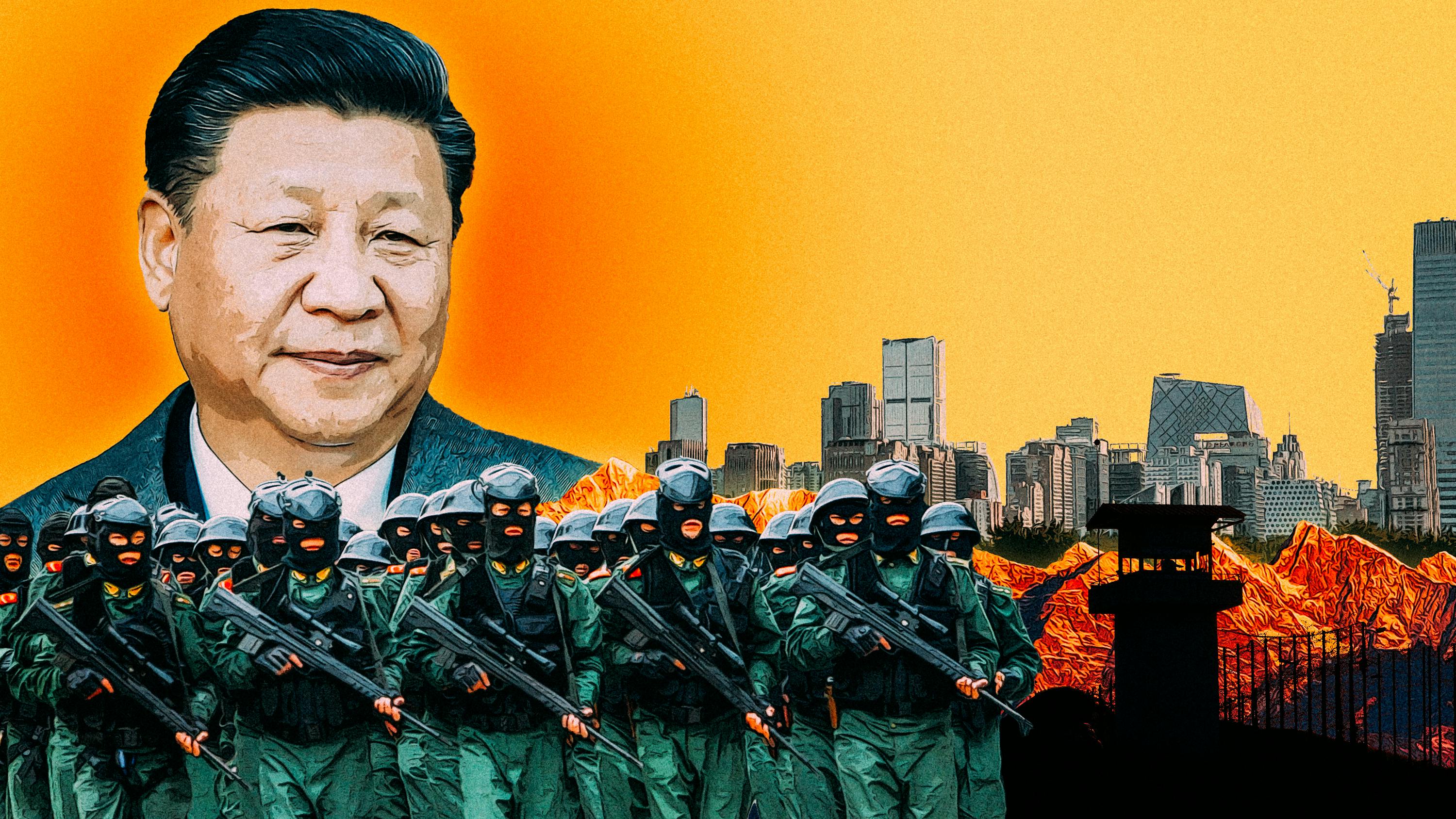 Die Illustration ist im Stil alter Chinesisch-Sovietischer Propaganda gehalten. Xi Jinpings Gesicht blickt von links oben herab. Im Hintergrund befinden sich die Skyline einer Stadt und eine Bergkette, davor sind Soldaten und ein Wachturm zu sehen.