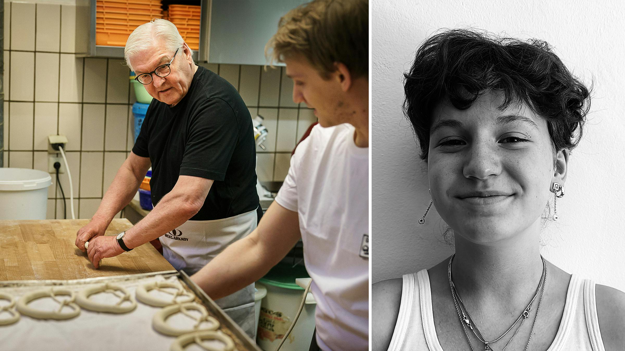 Linkes Bild: Bundespräsident Frank-Walter Steinmeier knetet zusammen mit einem Jugendlichen Teig in einer Bäckerei, rechtes Bild: die Autorin Sophia Muliar