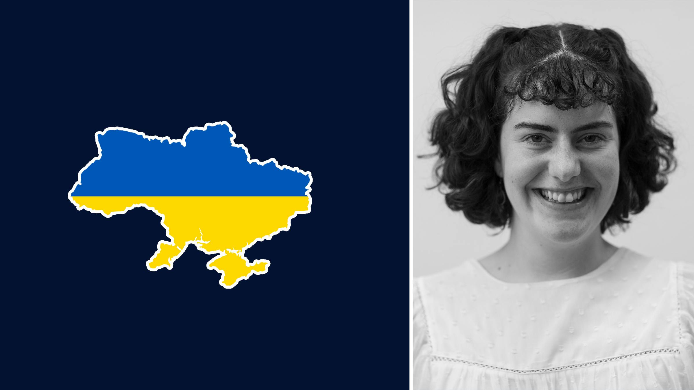 Rechts: Die Autorin Isolde in schwarz-weiß. Links: Eine Karte der Ukraine in den Nationalfarben blau und gelb.