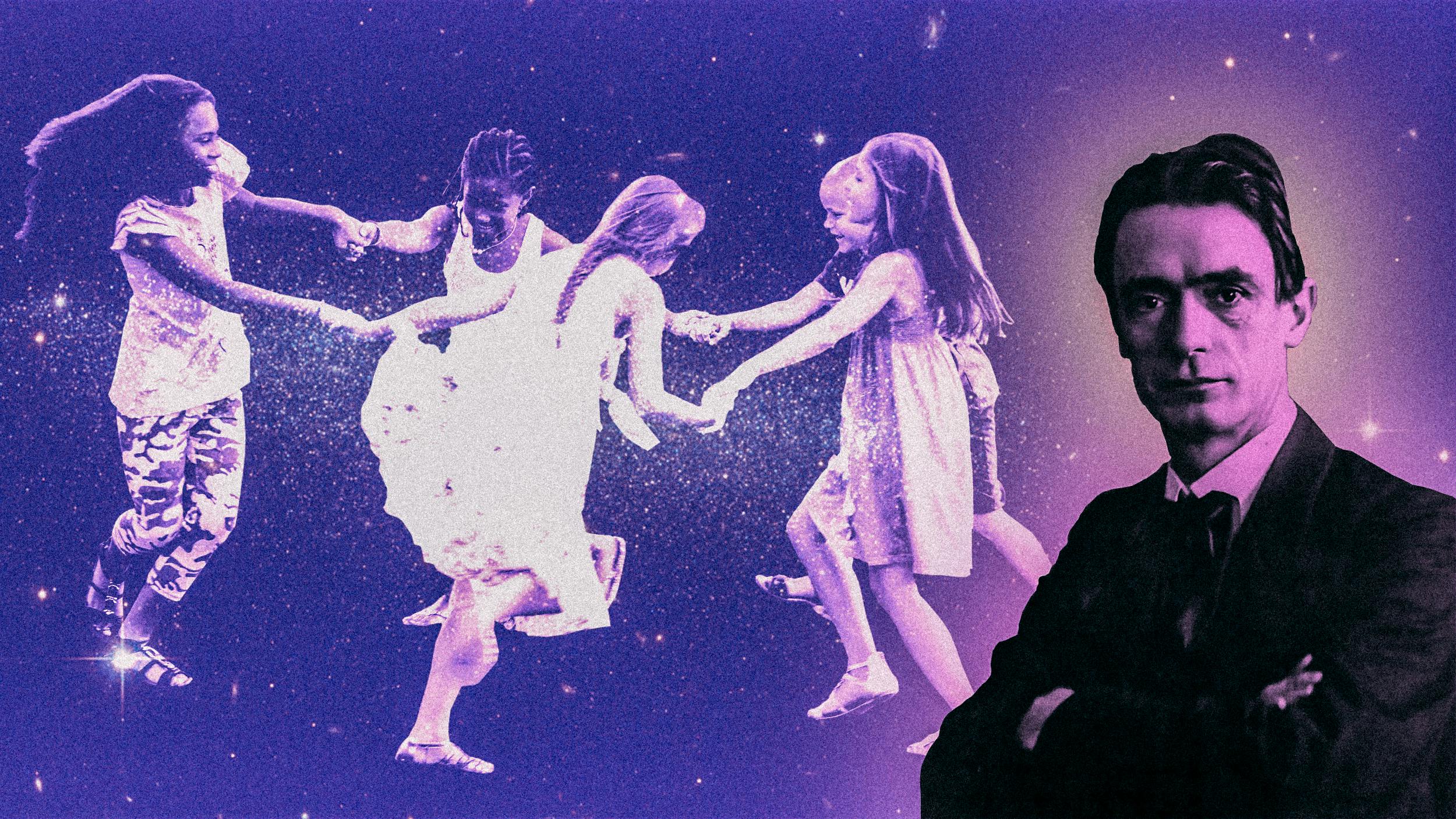 Auf dem Foto sieht man eine Collage: Rechts ein schwarz-weiß Portraitbild von Rudolf Steiner, links eine Gruppe von Mädchen, die sich an den Händen halten und im Kreis ihren Namen tanzen.
