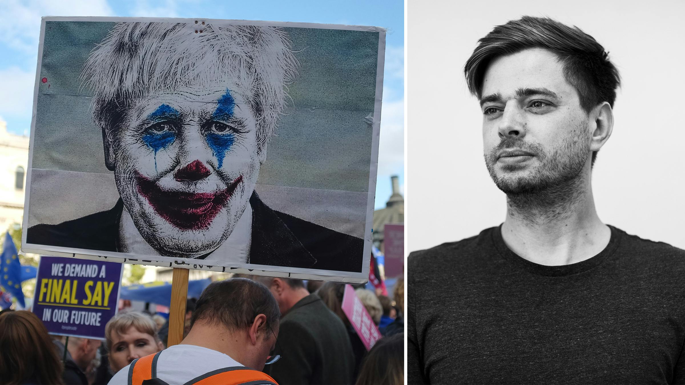 Protestplakat, das Boris Johnson als Clown zeigt. Rechts: Rico Grimm