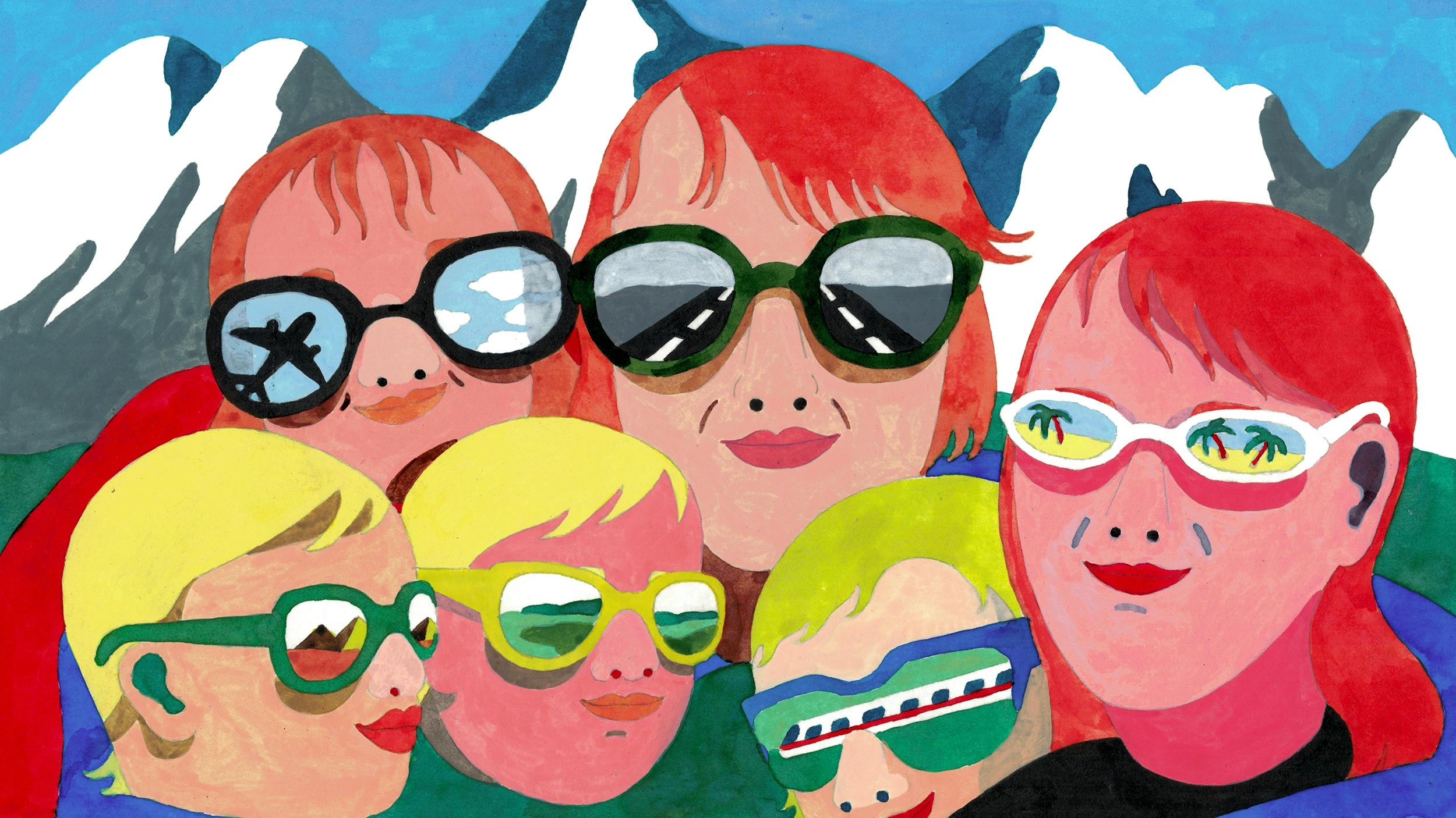 Illustration: Eine junge Frau mit 5 Kindern. Alle tragen Sonnenbrillen, in denen sich verschiedene Landschaften spiegeln: Berge, Palmen, ein Flugzeug, eine Autobahn, ein Zug.