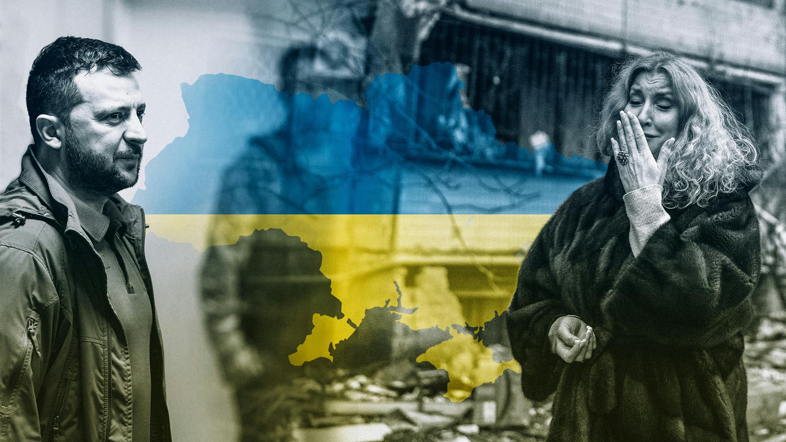 Die Collage zeigt links Wolodymyr Selenskyj, den Präsidenten der Ukraine, rechst eine Ukrainerin, die vor einem zerstörten Gebäude steht und weint. In der Mitte ist der Umriss der Ukraine zu sehen.