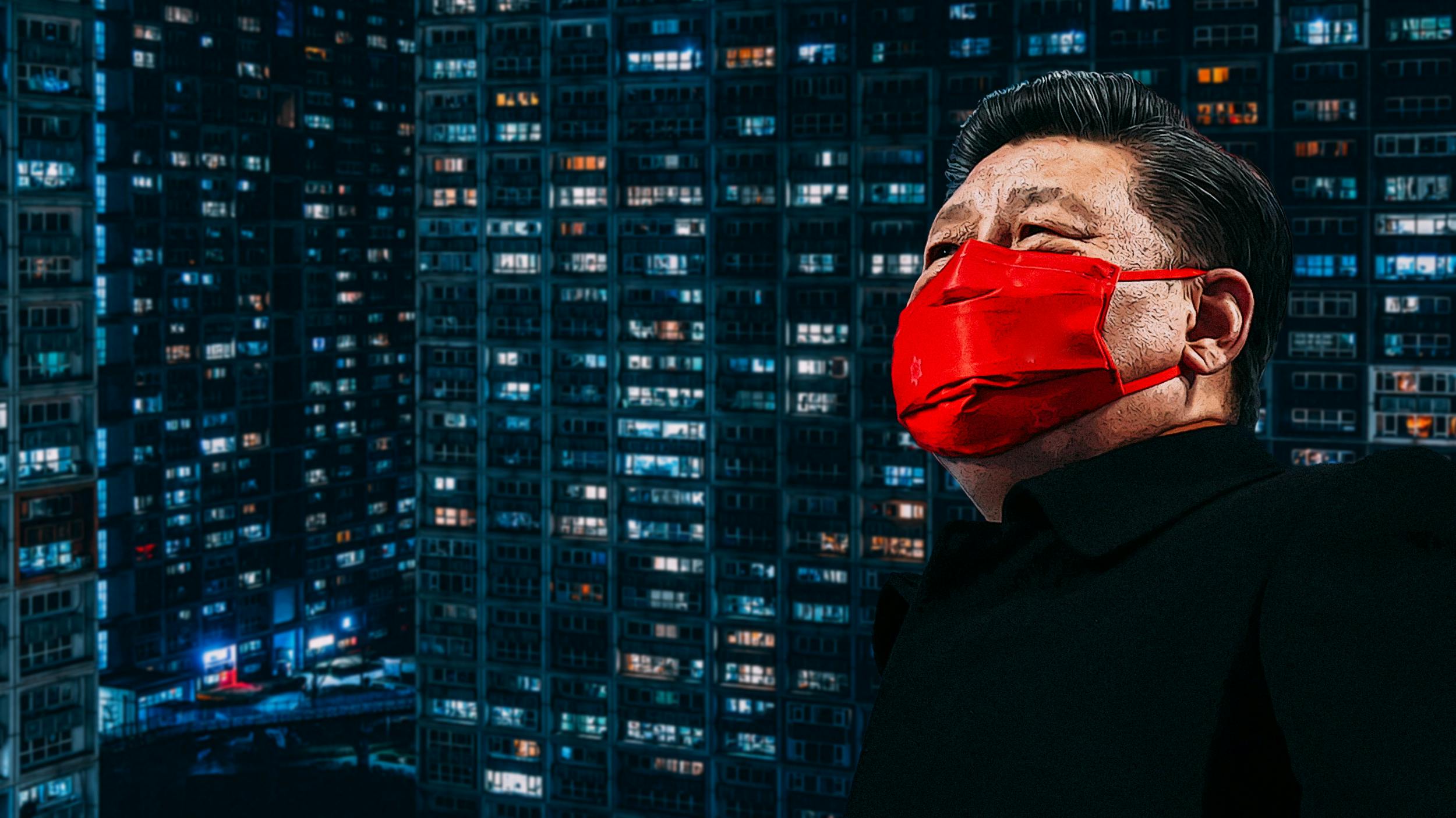 Xi Jinping steht vor einem Hochbaus bei Nacht. Er trägt eine Rote Maske und blickt in Richtung Himmel.