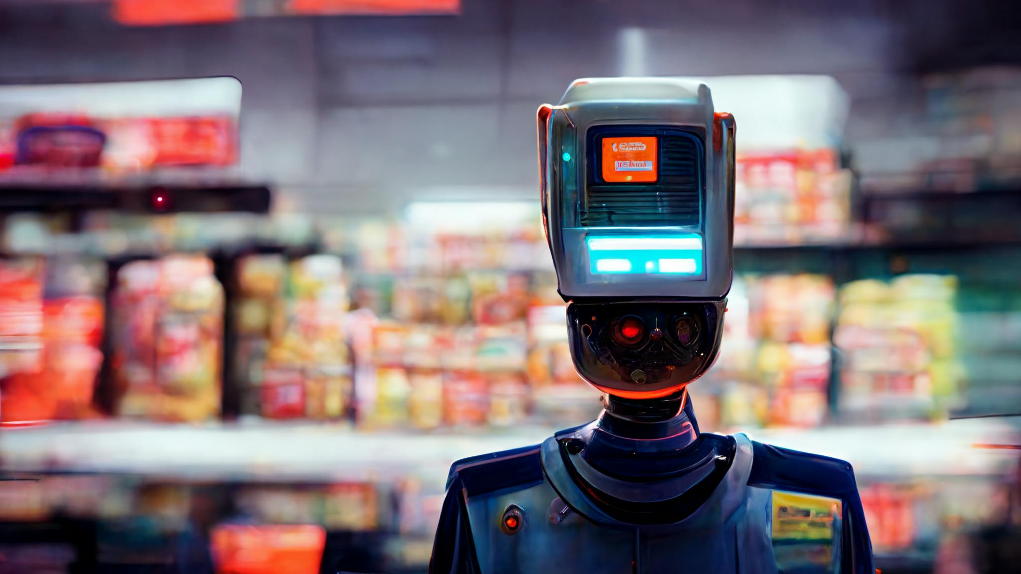Ein Roboter blickt in die Kamera. Im Hintergrund sind verschwommen Supermarktregale zu erkennen.