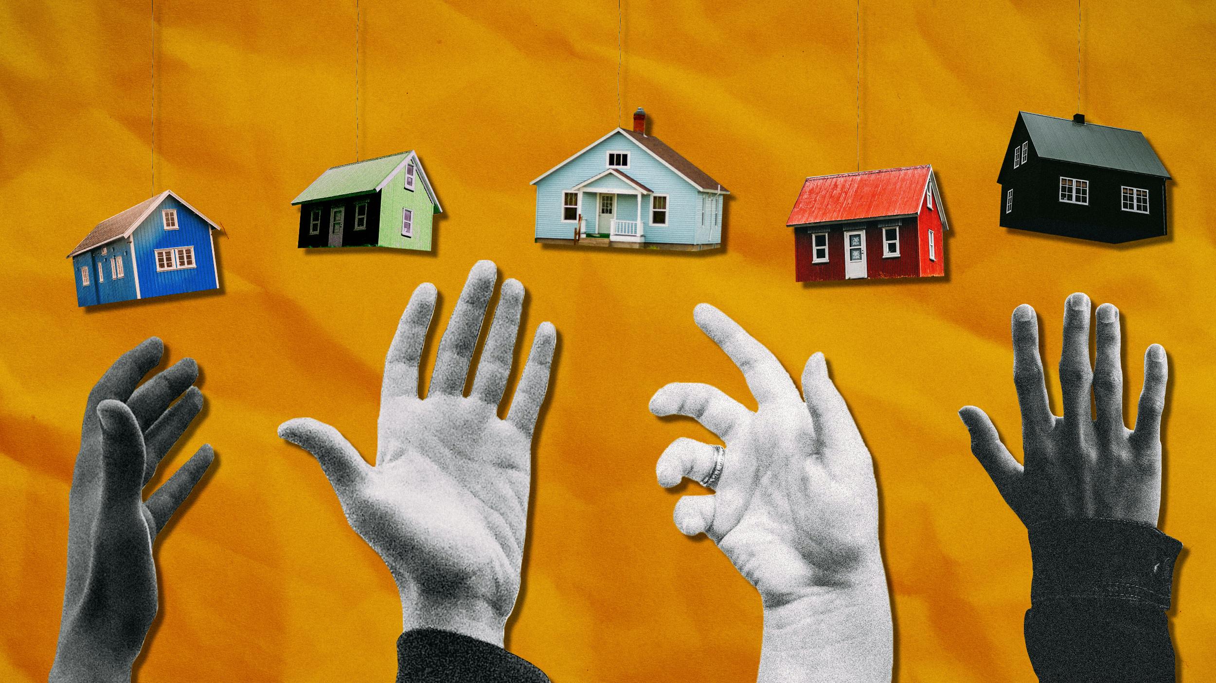 Collage: Mehrere Hände greifen nach Häusern, die an Schnüren hängen.