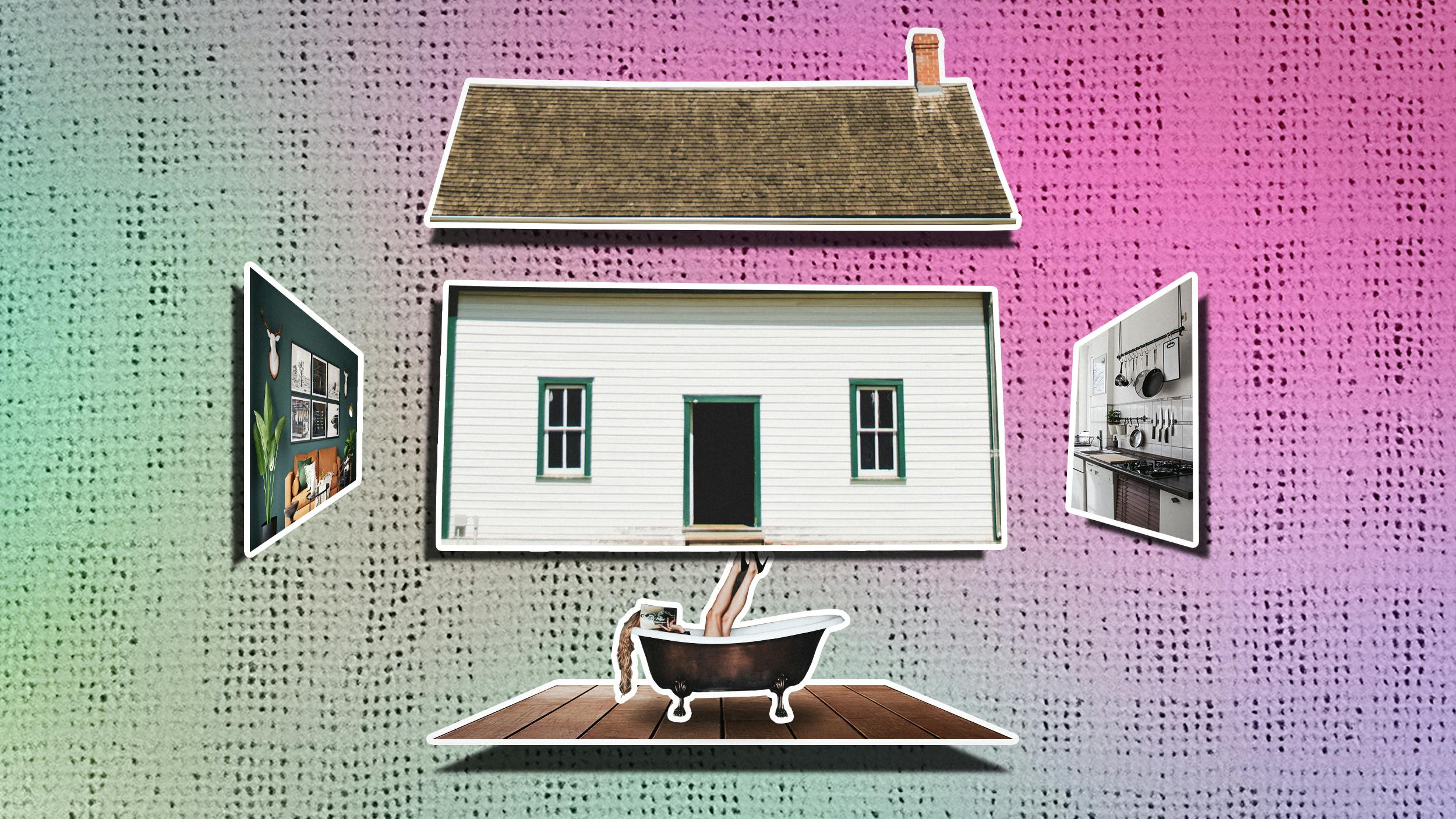 Collage: Ein Haus ist in seine Bestandteile zerlegt: Dach, Wände und Boden. 
