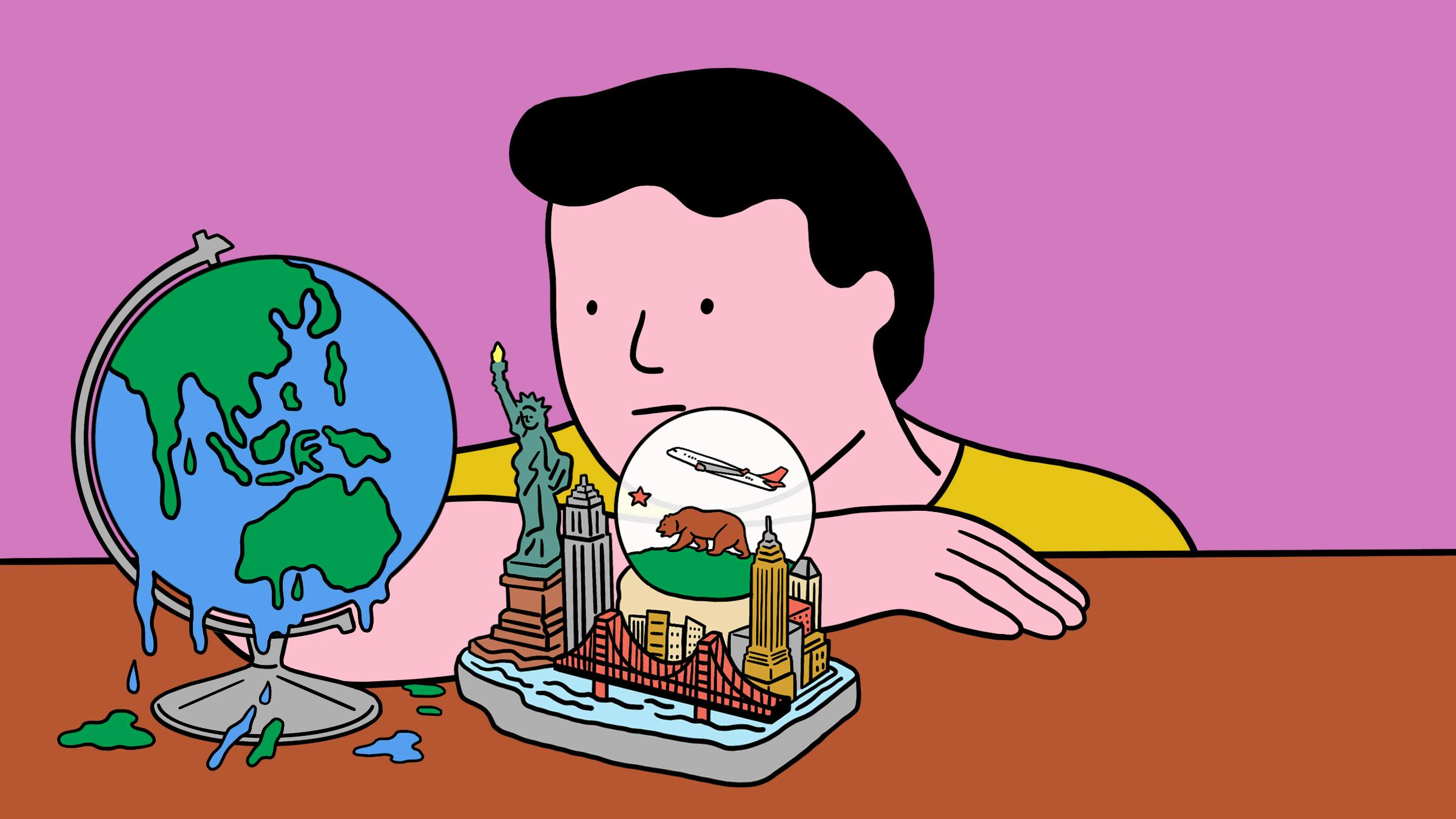 Auf der Zeichnung sieht man einen Mann, der bedröppelt auf einen Globus guckt, der so aussieht, als schmeze er, davor steht auch noch ein kleiner, figurativer Aufbau der Stadt New York.
