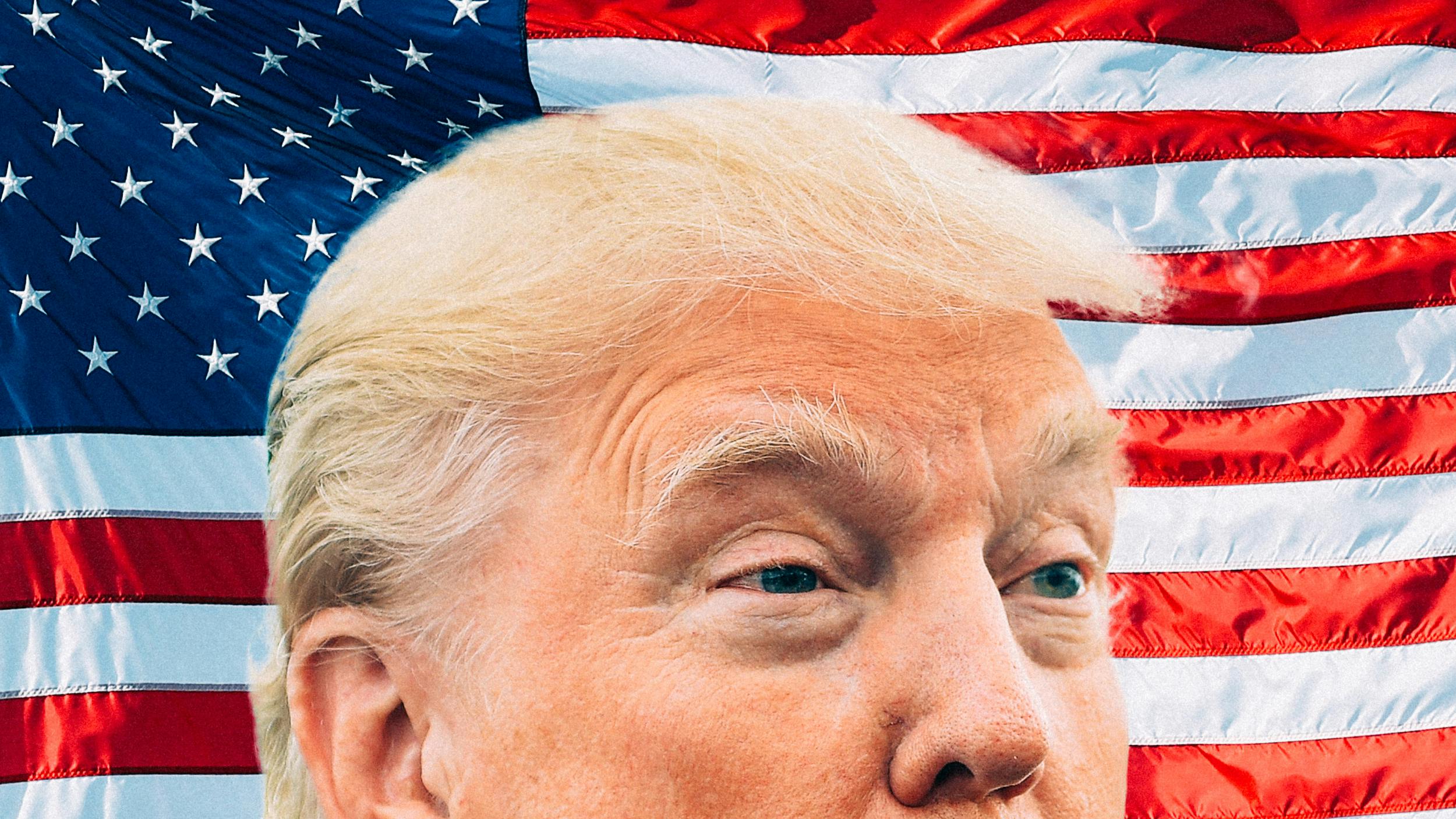 Collage: Trump vor der amerikanischen Flagge