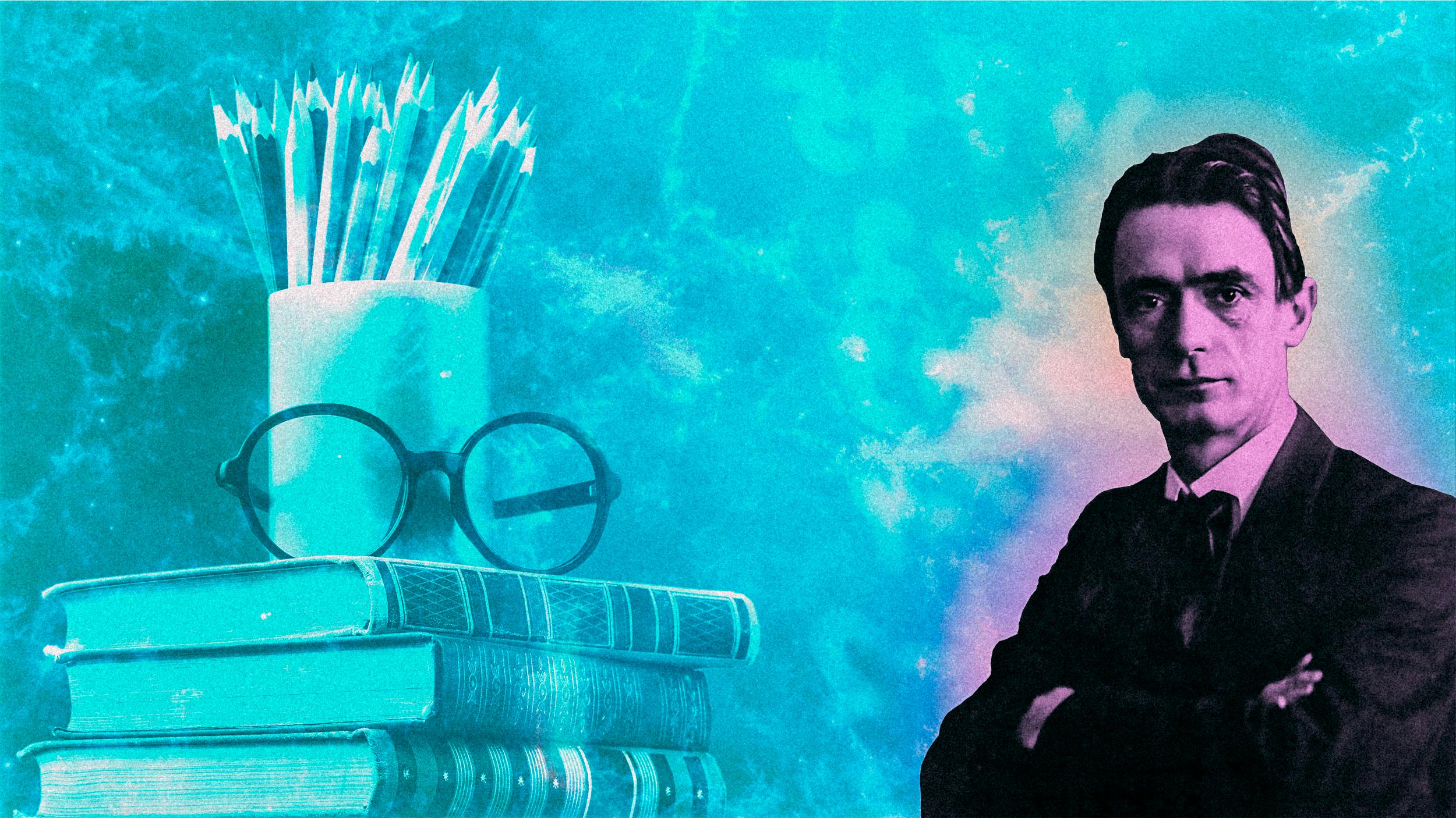 Links ein Stapel Bücher, auf dem eine Brille und einige Stifte liegen. Rechts im Bild ist der Gründer der Waldorfschulen, Rudolf Steiner, abgebildet.