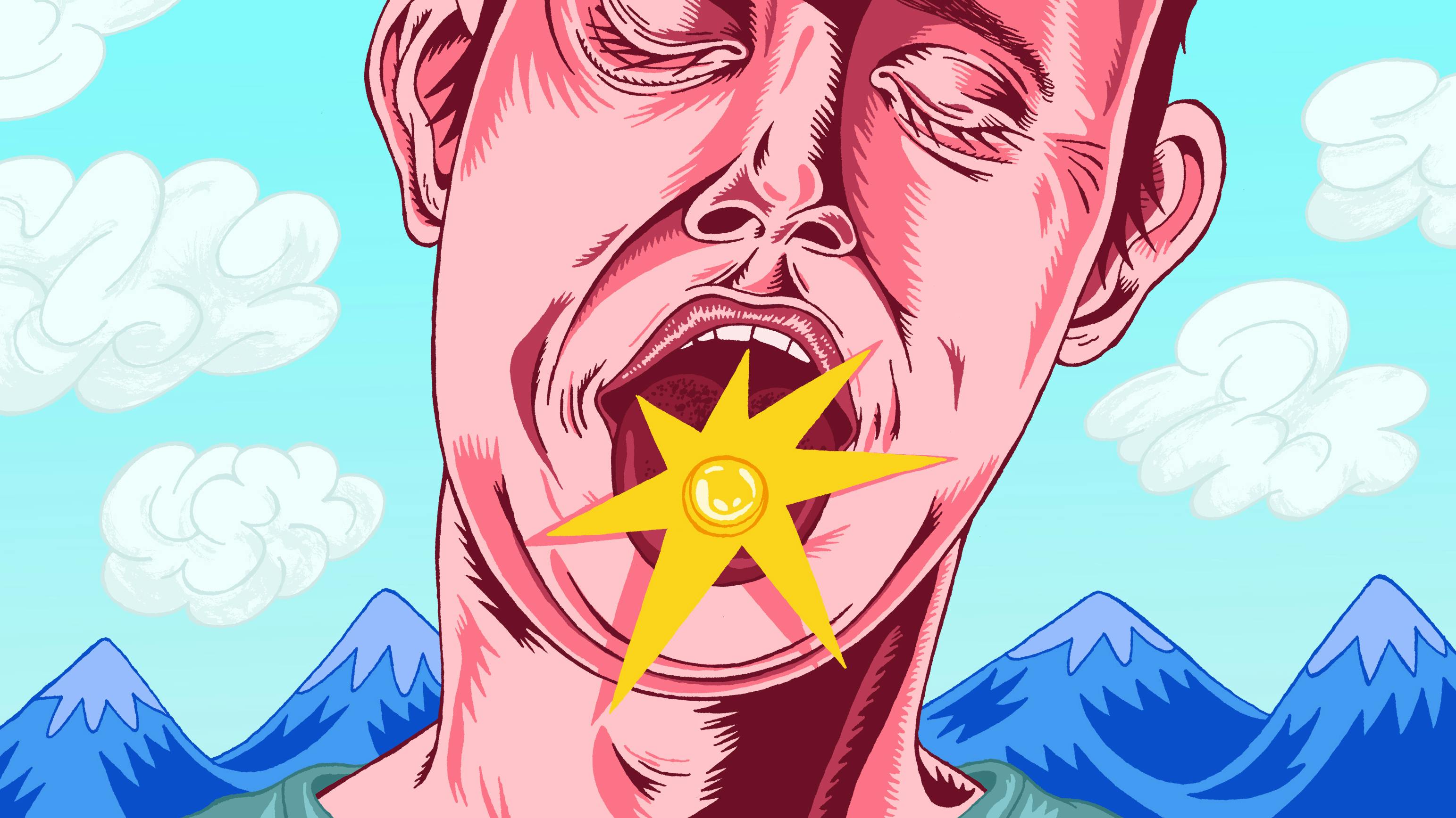 Illustration: Ein Mann streckt seine Zunge heraus, darauf liegt eine Pille. Im Hintergrund sind Berge zu sehen.